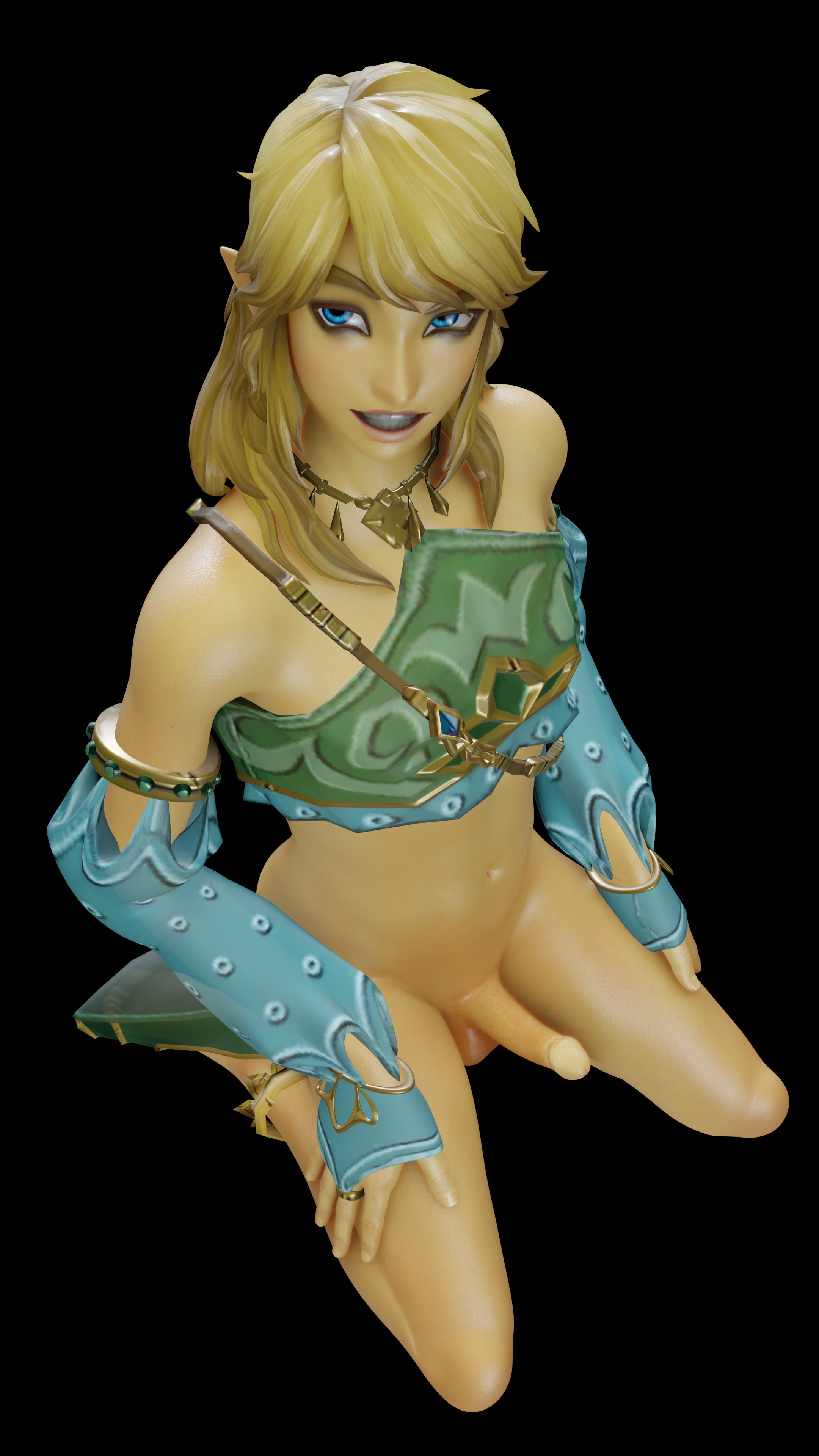 blonde hair, blue eyes, erection, eyeliner, femboy, feminine male, gay, gerudo link, gerudo top, girly, hylian, hylian ears, link, long hair, male, male only, navel, necklace, on knees, shybear, smile, tagme, teeth, the legend of zelda, trap, yaoi