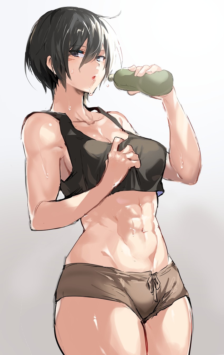 1girls, abs, attack on titan, black eyes, black hair, black tank top, breasts, clothed, clothed female, clothes, clothing, commentary, cowboy shot, dark hair, facial scar, female, female only, fully clothed, gradient, gradient background, highres, holding, hourglass figure, looking at viewer, medium breasts, midriff, mikasa ackerman, navel, open mouth, scar, scar on cheek, shingeki no kyojin, short hair, short shorts, shorts, solo, standing, suurin (ksyaro), sweat, tank top, toned
