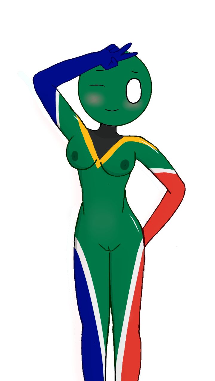 aiex314 blush breasts countryhumans countryhumans_girl female hand_behind_back looking_at_viewer multicolored_body no_pupils peace_sign pussy rainbow_body shy smile solo south_africa south_africa_(countryhumans) south_african_flag standing v_sign