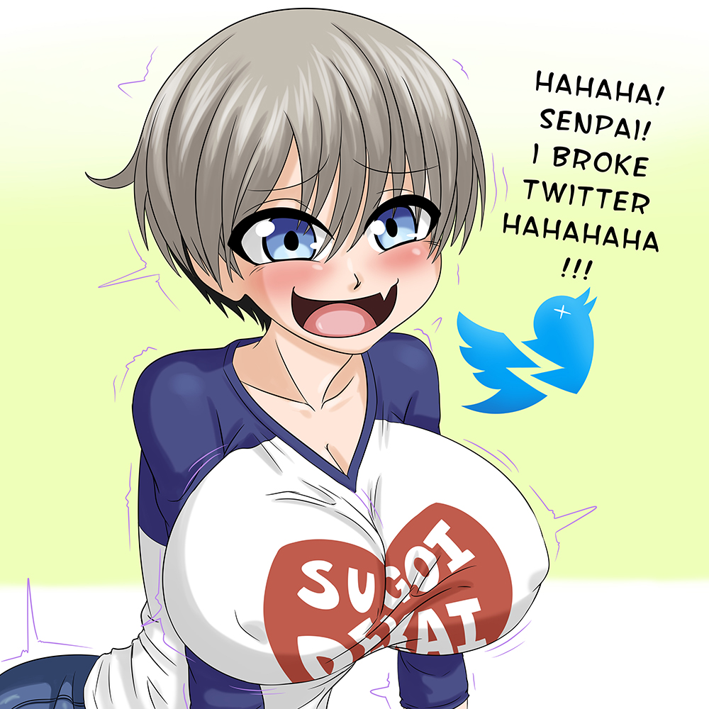 1:1, 1girls, 2020, blue eyes, blush, breasts, cleavage, clothed, clothes writing, clothing, english text, eyebrows visible through hair, fangs, female, female only, grey hair, highres, karuro-kun, large breasts, laugh, laughing, leaning forward, logo, meme, mocking, nipple bulge, open mouth, pants, shirt, simple background, smile, smug, solo, text, tight clothing, tongue, trembling, twitter, twitter bird, uzaki hana, uzaki-chan wa asobitai!, white background