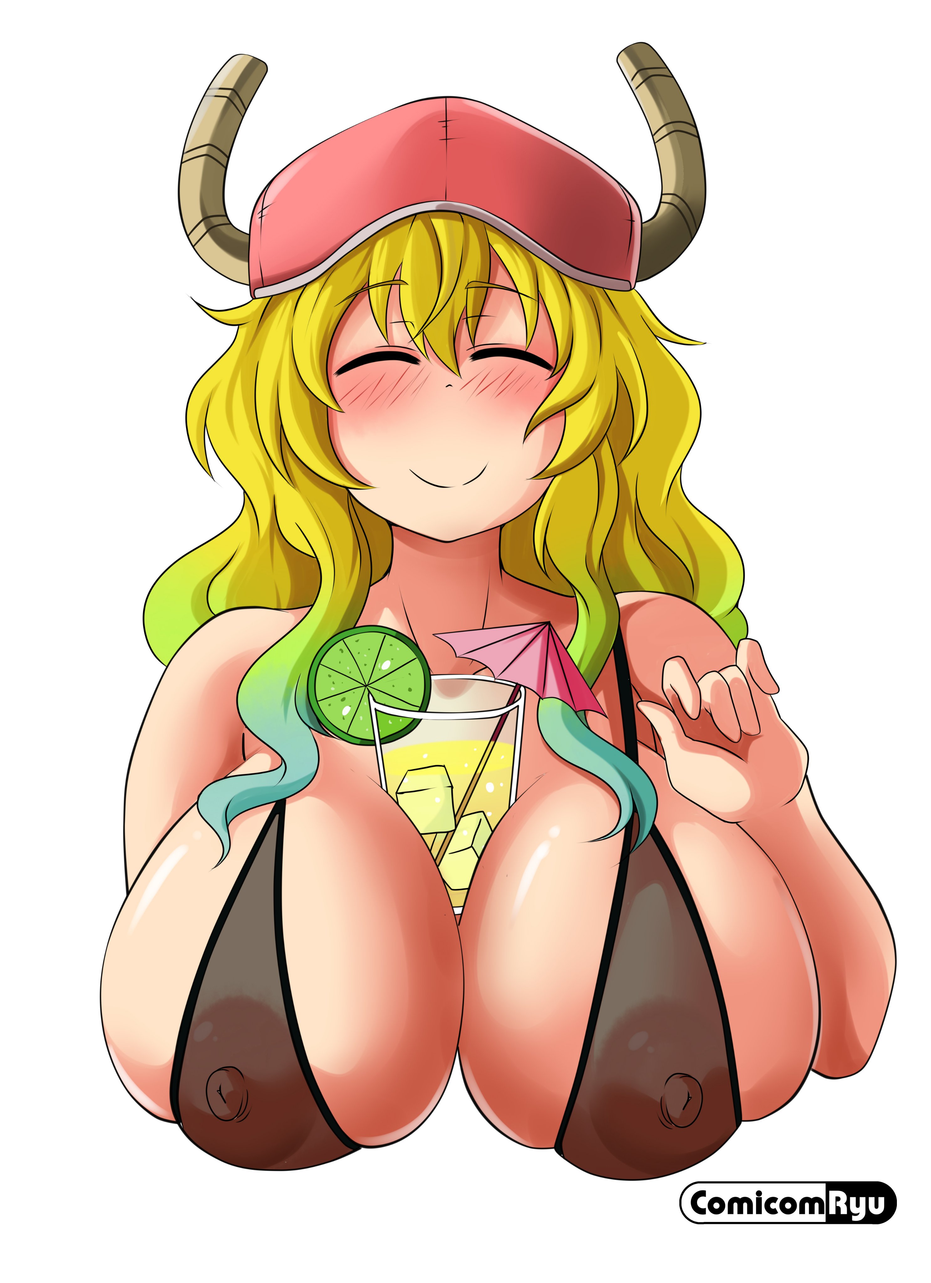 1girls, between breasts, big breasts, bikini, bikini top, blush, bra, breasts, closed eyes, comicomryu, female, female only, happy, huge breasts, lucoa, milf, miss kobayashi's dragon maid, multicolored hair, nipples, nipples visible through clothing, quetzalcoatl (dragon maid), ryumxr, skindentation, smile, solo, solo female, swimsuit, transparent clothing, visible nipples, white background