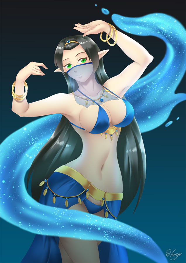 1girls belly_dancer belly_dancer_outfit black_hair blue_bikini dancer dancer_outfit dancing elf elf_ears femsub green_eyes happy_sub harem_girl harem_outfit haryudanto headband jewelry large_breasts long_hair navel necklace pointy_ears skirt slave slave_outfit solo_female submissive submissive_female veil water wrist_rings