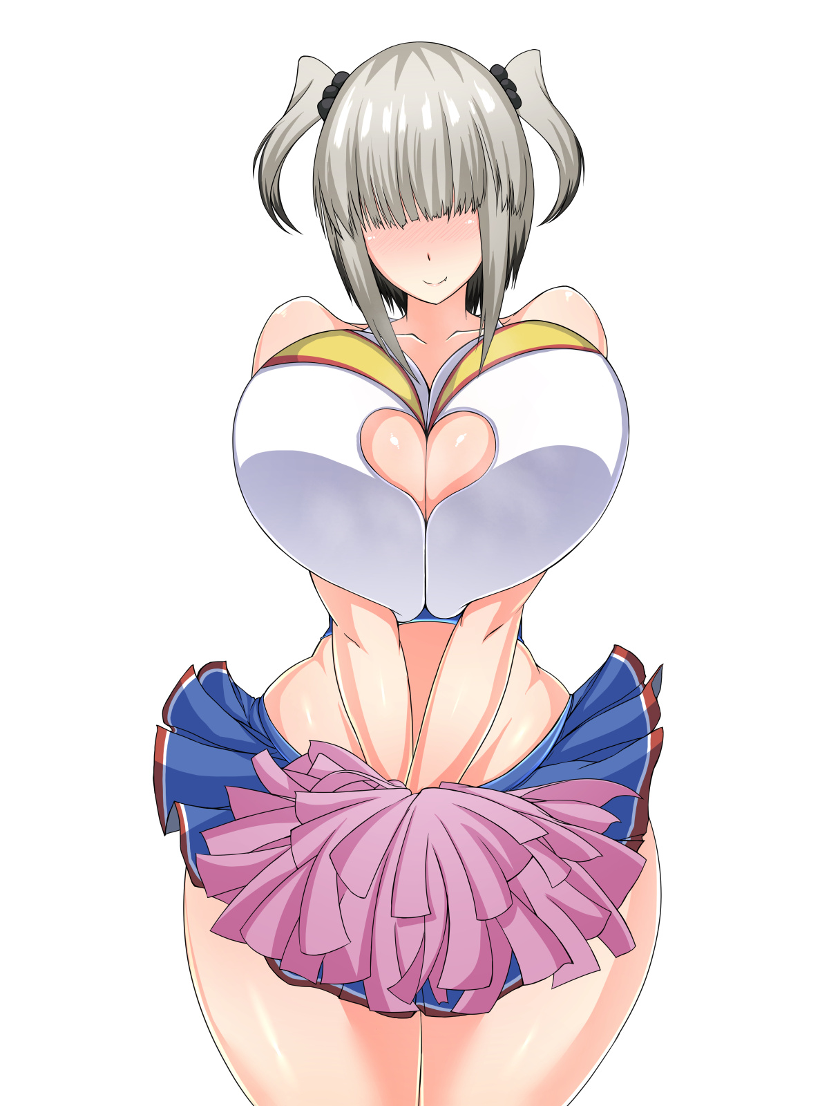 1girls, big breasts, blinding bangs, blush, breasts, cheerleader, female, grey hair, huge breasts, itomaruzz, large breasts, light skin, light-skinned female, medium hair, paizuri invitation, pale skin, pale-skinned female, smile, thick thighs, thighs, uzaki yanagi, uzaki-chan wa asobitai!, wide hips