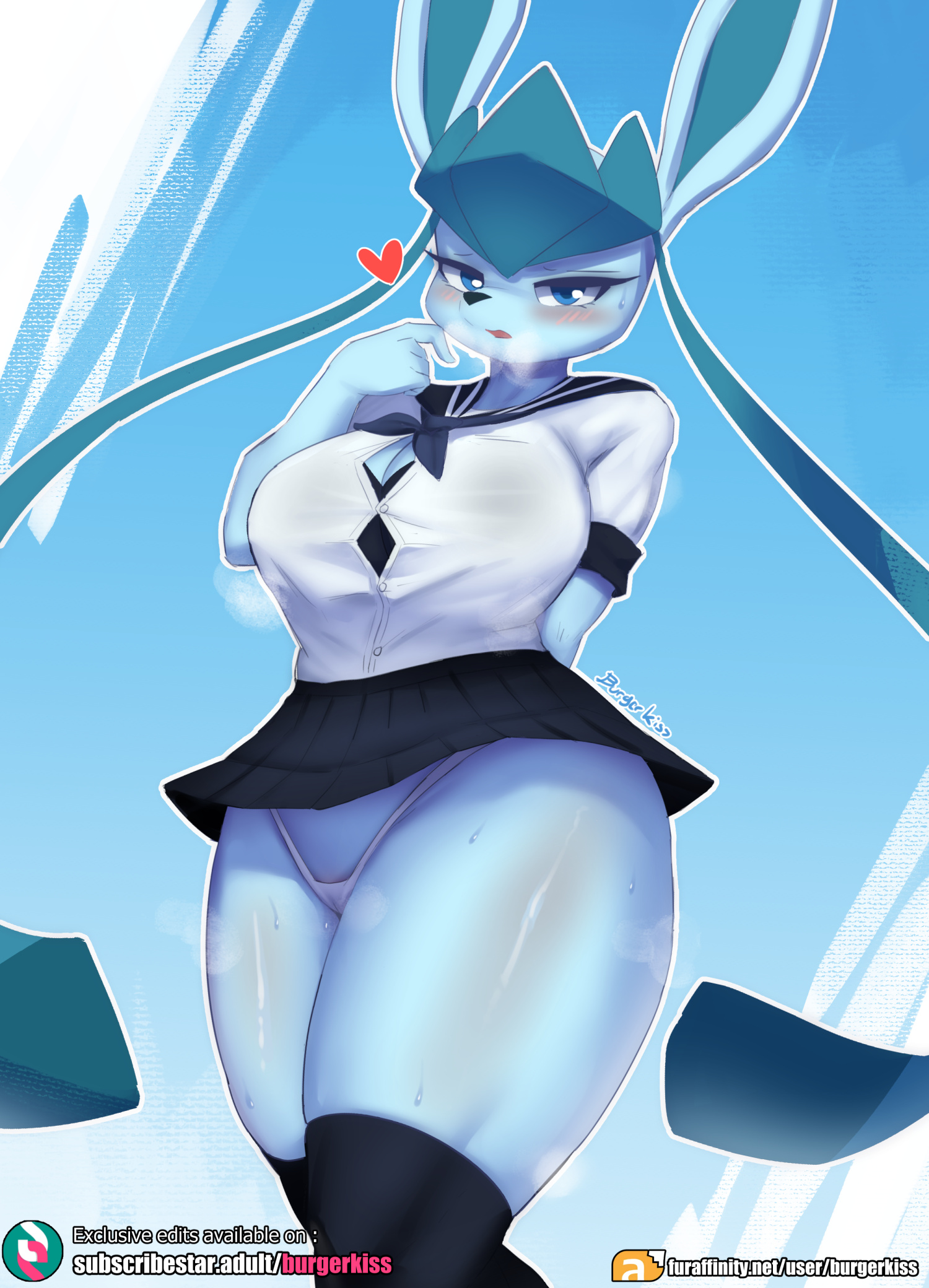 1girls, 2021, 2021s, anthro, anthro female, anthrofied, artist name, big breasts, big ears, blue background, blue body, blue eyes, blue microskirt, blue miniskirt, blue skirt, blush, blushing, bodily fluids, bottomwear, breasts, breath, burgerkiss, canid, canine, canis, clothed, clothing, conditional dnp, digital media (artwork), eeveelution, english text, eyelashes, female, female anthro, female focus, female only, furry, furry female, game freak, gen 4 pokemon, generation 4 pokemon, glaceon, heart, heart symbol, hi res, legwear, looking at viewer, mammal, microskirt, miniskirt, nintendo, nipple outline, open mouth, panties, pokémon (species), pokemon, pokemon (anime), pokemon (franchise), pokemon (game), pokemon (species), pokemon dppt, pokemorph, school uniform, schoolgirl, schoolgirl uniform, shaded, simple background, skirt, skirt lift, smile, solo, solo female, solo focus, standing, stockings, subscribestar logo, subscribestar username, sweat, sweatdrop, text, thick thighs, thigh highs, thighhighs, thighs, thong, topwear, underwear, uniform, upskirt, video games, watermark, white clothing, white panties, white underwear, wide hipped anthro, wide hipped female, wide hips