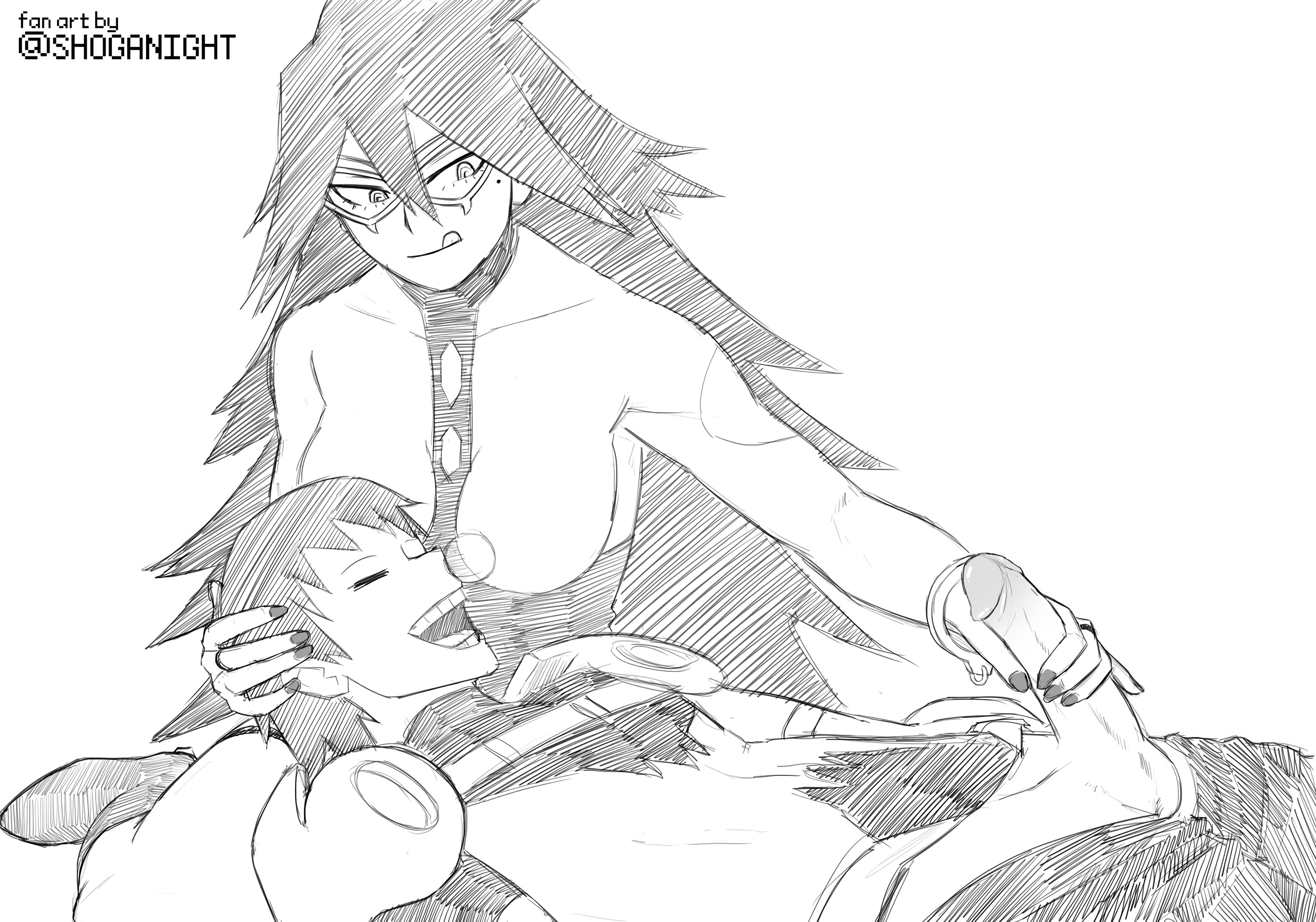 1boy, 1girls, female, handjob, hanta sero, head on lap, hero outfit (mha), licking lips, long hair, male, mask, mature female, midnight (my hero academia), monochrome, my hero academia, nemuri kayama, nose bubble, open mouth, penis, shoganight, sleep molestation, sleeping, somnophilia, teacher and student