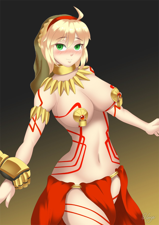 1girls, belly, belly dancer, belly dancer outfit, blonde hair, blush, bodypaint, collar, cosplay, dancer, dancer outfit, fate (series), fate/extra, fate/grand order, female, female only, femsub, gilgamesh, gilgamesh (caster) (fate) (cosplay), gilgamesh (fate), green eyes, happy sub, harem girl, harem outfit, haryudanto, jewelry, loincloth, metal collar, navel, necklace, nero claudius (fate), nipple covers, padlock, revealing clothes, slave, slave collar, slave outfit, submissive, submissive female