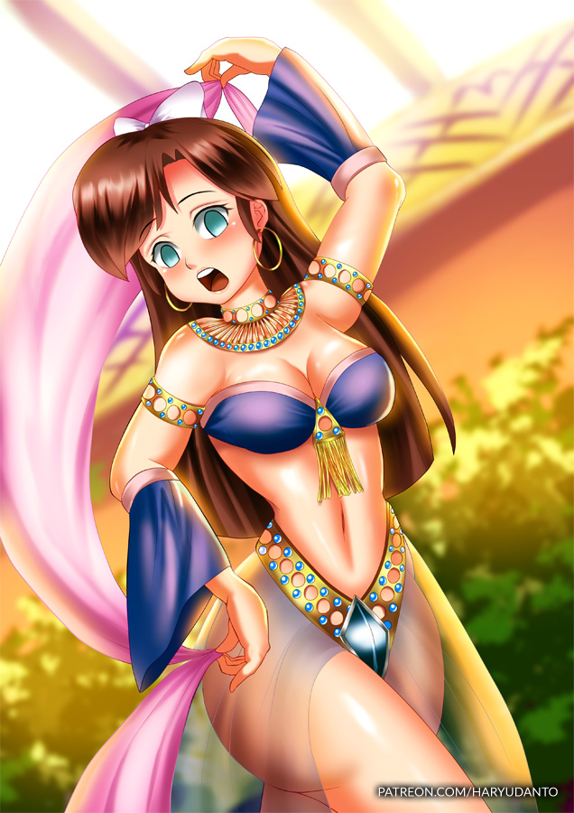 belly belly_dancer belly_dancer_outfit bow cleavage dancer dancer_outfit dancing detached_sleeves earrings hair_ribbon harem_girl harem_outfit haryudanto hourglass_figure hypnosis medium_breasts mind_control navel ranma_1/2 slave ukyo_kuonji voluptuous wide_hips