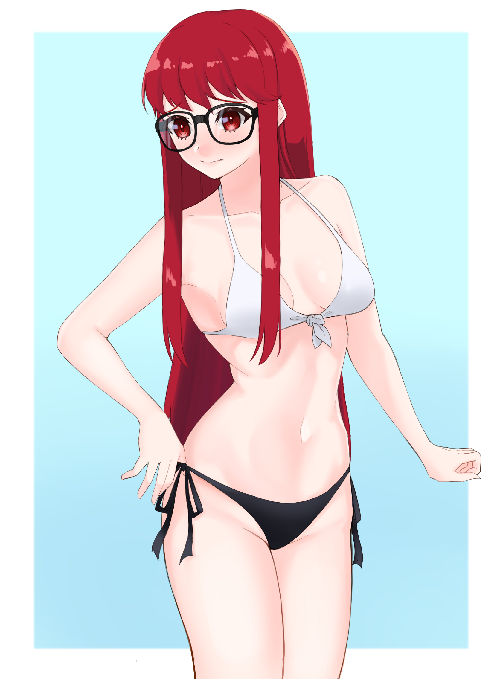 1girls, bangs, bikini, black bikini bottom, black panties, blush, breasts, cleavage, embarrassed, female, front-tie top, glasses, highres, kasumi yoshizawa, medium breasts, persona, persona 5, persona 5 royal, red eyes, red hair, solo, stomach, string bikini, string panties, sumire yoshizawa, very long hair, white bikini