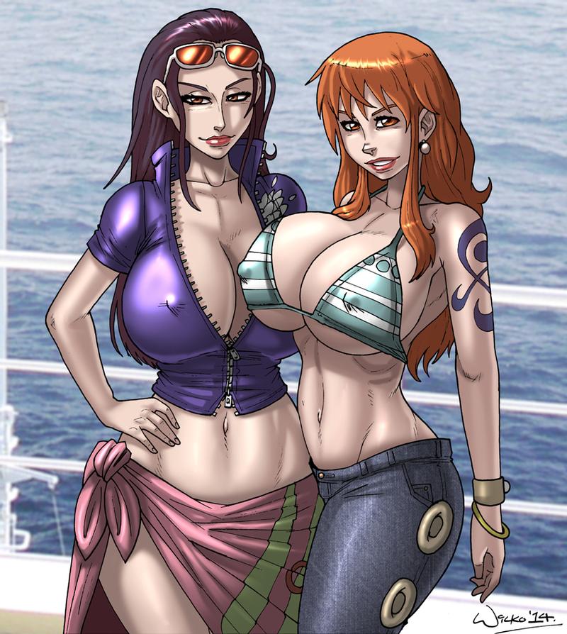 2girls adult_swim big_breasts bikini cleavage curvy dark_hair earrings female female_only jeans long_hair looking_at_viewer nami nami_(one_piece) nico_robin nipples nipples_visible_through_clothing one_piece orange_hair post-timeskip purple_hair redhead sarong seductive seductive_smile shounen_jump striped_bikini sunglasses sunglasses_on_head tattoo toonami towel_around_waist wide_hips wilko zipper