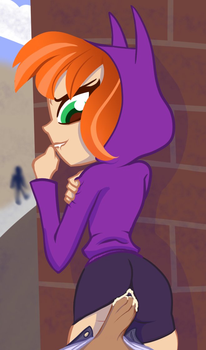1girls, barbara gordon, barbara gordon (shg), barnaby bayley, batgirl, biting lip, clothed sex, cum, cum inside, dc, dc comics, dc super hero girls, female, green eyes, hoodie, male, male pov, partial male, pov, public sex, sex, spats