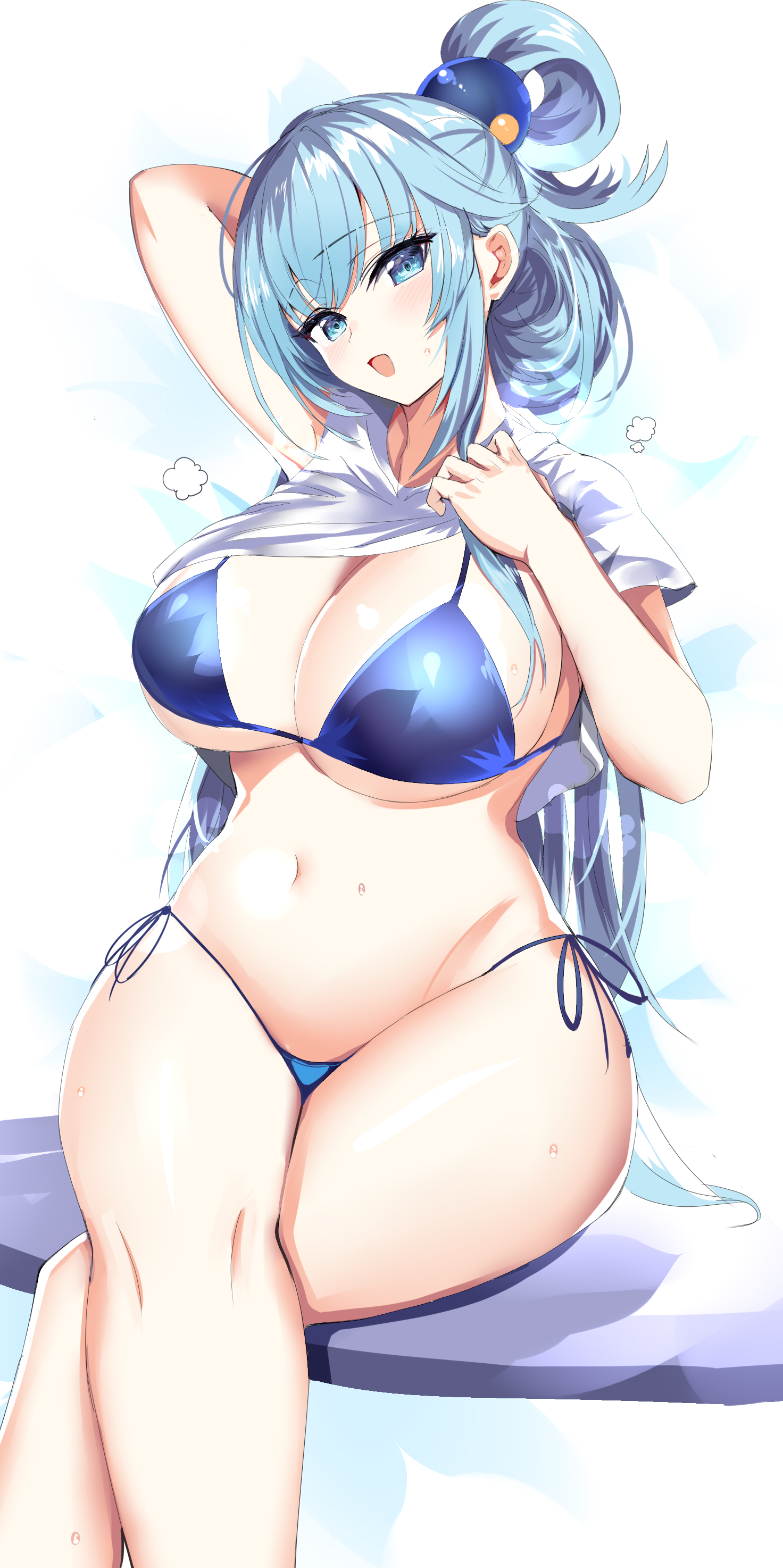 1girls, aqua (konosuba), big breasts, bikini, blue eyes, blue hair, breasts, eye contact, female, hanasaka houcha, kono subarashii sekai ni shukufuku wo!, large breasts, light skin, light-skinned female, long hair, looking at viewer, pale skin, pale-skinned female, shirt lift, solo, thick thighs, thighs, wide hips