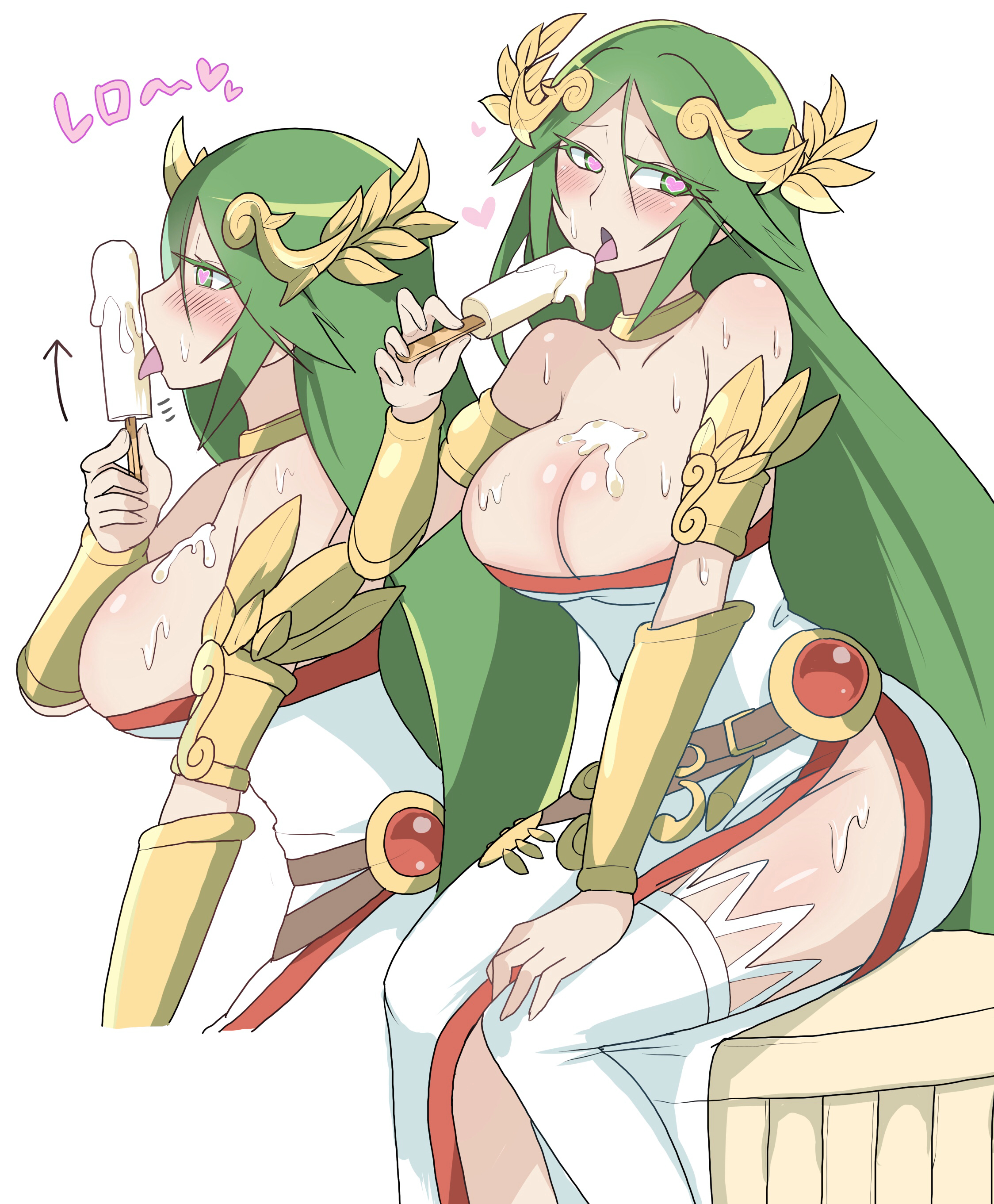 1girls, 2020, absurd res, armlet, armwear, bare shoulders, bedroom eyes, belt, big breasts, bimbo, blush, breasts, busty, choker, cleavage, cream, cream on body, dress, eyebrows visible through hair, eyes visible through hair, female, female only, food, goddess, green eyes, green hair, hair ornament, hand on knee, heart, heart-shaped pupils, highres, holding food, huge breasts, jewelry, kid icarus, large breasts, licking, long hair, matching hair/eyes, naughty face, nintendo, open mouth, palutena, popsicle, sexually suggestive, side view, simple background, sitting, solo, sound effects, sweat, sweating, text, thighhighs, tongue, tongue out, very long hair, white background, white-stew, zettai ryouiki