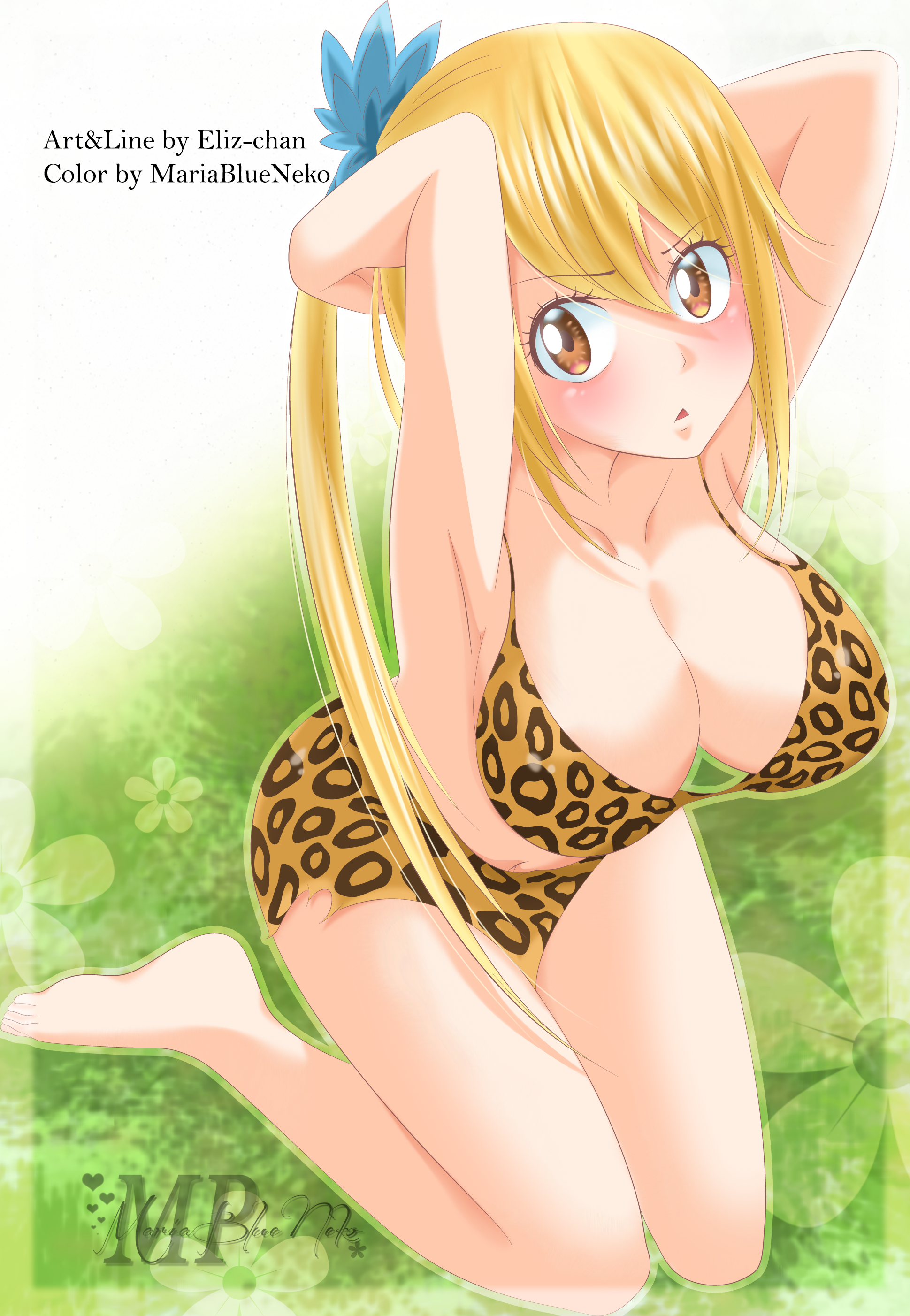 1girls, amber eyes, barefoot, bikini, bikini bottom, blonde hair, blonde-haired female, breasts, cavegirl, cavewoman, fairy tail, feet, female, female only, flower in hair, hands behind head, huge breasts, kneeling, large breasts, leopard print, looking at viewer, lucy heartfilia, mariablueneko, prehistoric, primitive, soles, stone age, toes, voluptuous