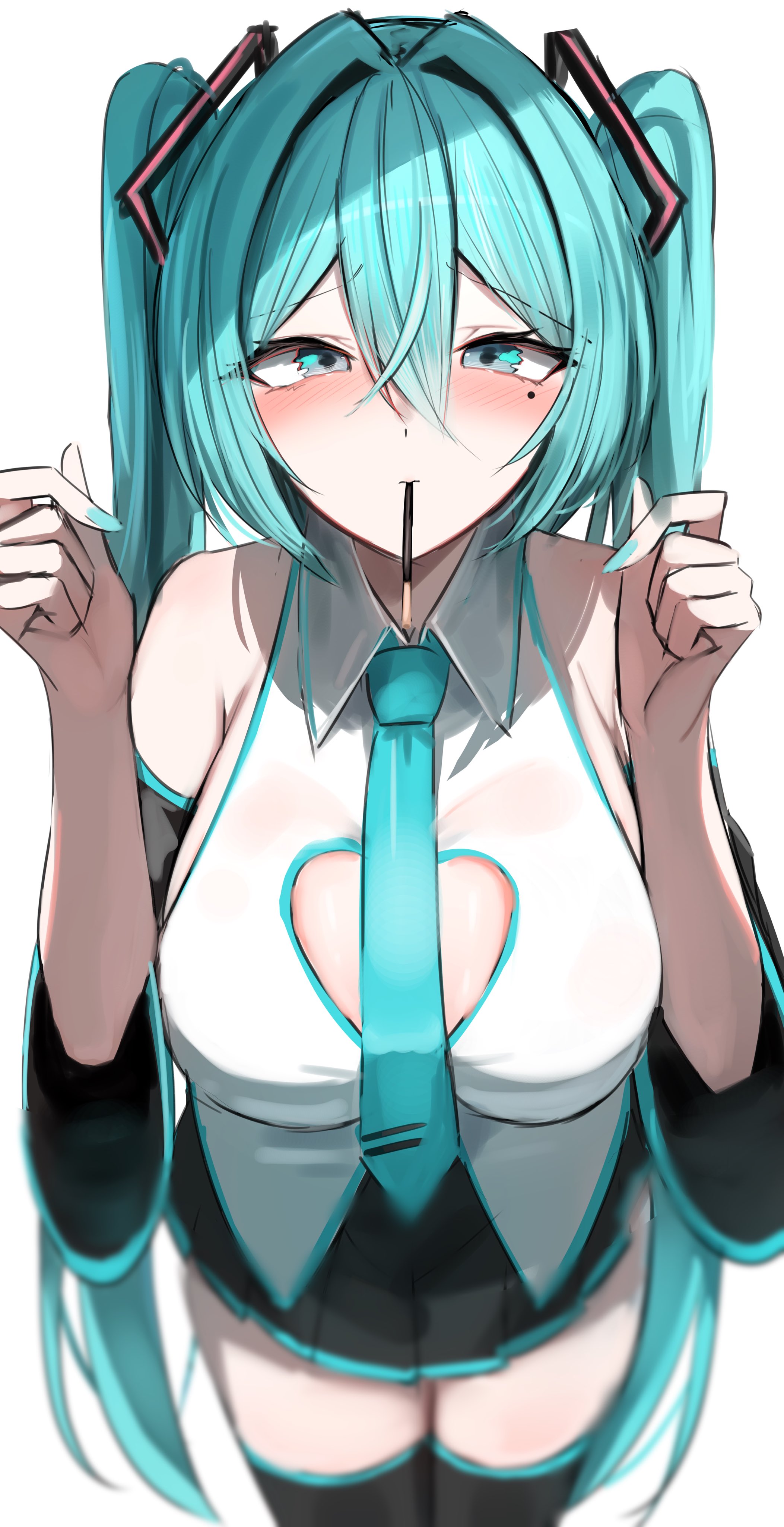 1girl, 1girls, absurdres, aqua eyes, aqua hair, aqua nails, aqua necktie, arms up, bangs, bare shoulders, black skirt, black thighhighs, blurry, blush, breasts, cleavage, cleavage cutout, clothing cutout, collared shirt, cowboy shot, depth of field, detached sleeves, female, food, food in mouth, hair between eyes, hair ornament, hana hebi, hatsune miku, heart cutout, highres, large breasts, long hair, looking at viewer, mole, mole under eye, mouth hold, nail polish, necktie, pleated skirt, pocky, pocky in mouth, shirt, simple background, skirt, sleeveless, sleeveless shirt, solo, standing, thighhighs, twintails, very long hair, vocaloid, white background, white shirt, zettai ryouiki