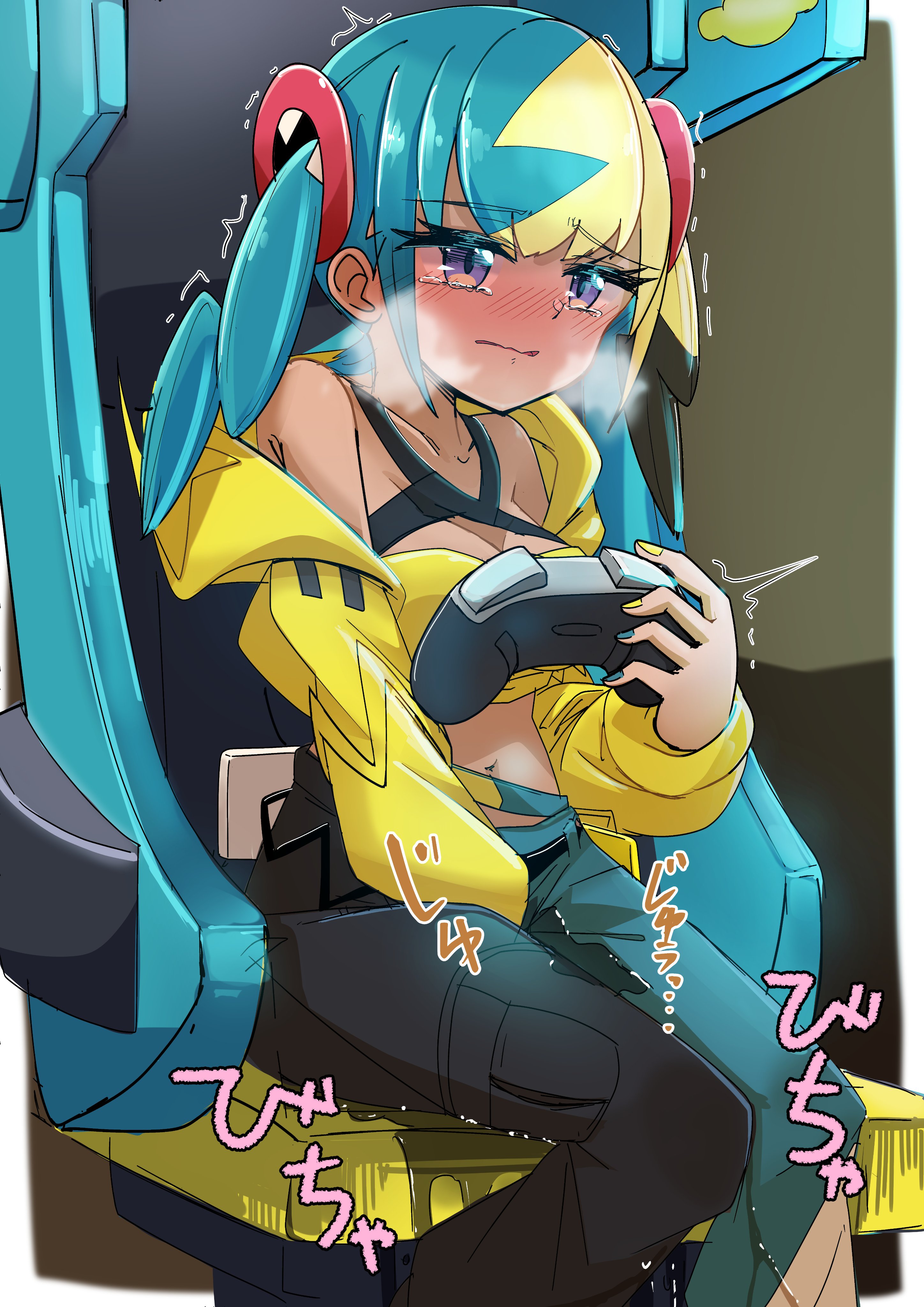1girls, blush, breasts, canari (pokemon), canary (pokemon), cleavage, female, game freak, hand between legs, large breasts, mizuumi (expanse lake), navel, nintendo, omorashi, pants, peeing, peeing self, pokemon, pokemon legends: z-a, sitting, tears, two-tone hair, video game controller, wetting, wetting self