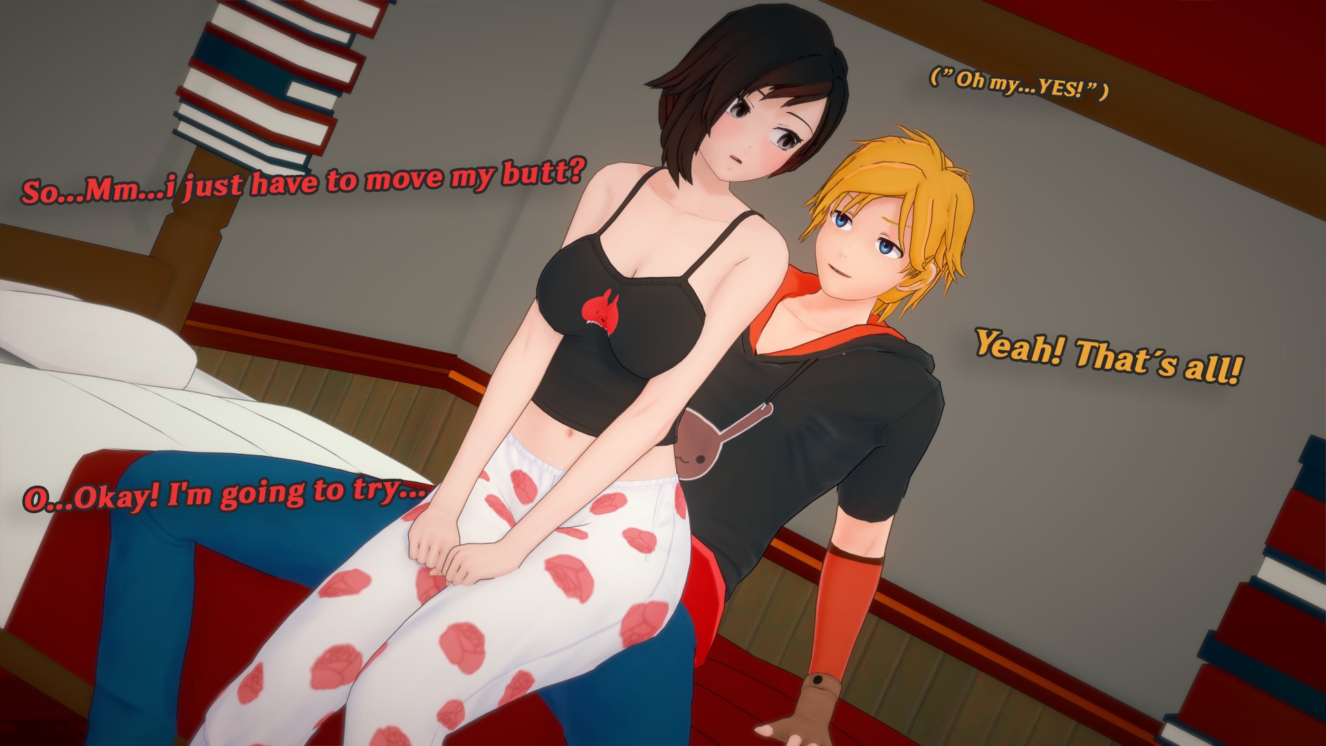 1girl1boy, 3d, female, grinding, jaune arc, male, midriff, nyxxzeiss, pajama pants, ruby rose, rwby, sitting on lap, tank top