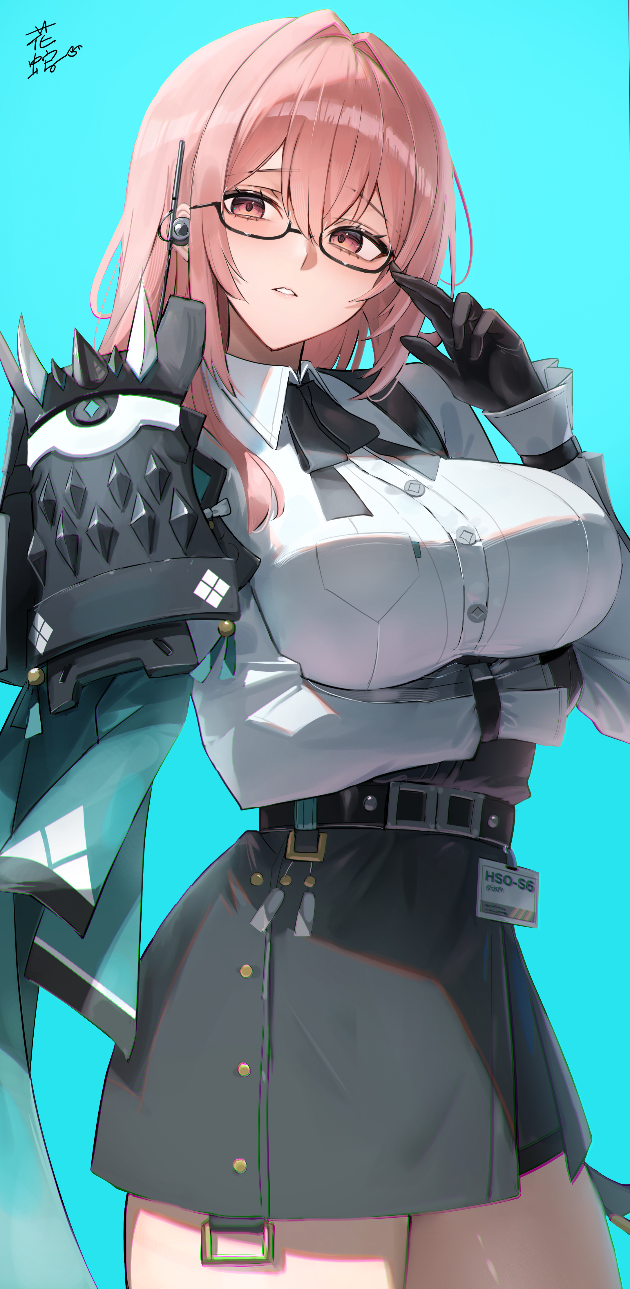 absurdres, adjusting eyewear, armor, belt, black belt, black gloves, black skirt, blue background, breasts, earpiece, female, glasses, gloves, hana hebi, high-waist skirt, highres, large breasts, long hair, looking at viewer, parted lips, pencil skirt, pink eyes, pink hair, shirt, shoulder armor, skirt, solo, tsukishiro yanagi, white shirt, zenless zone zero