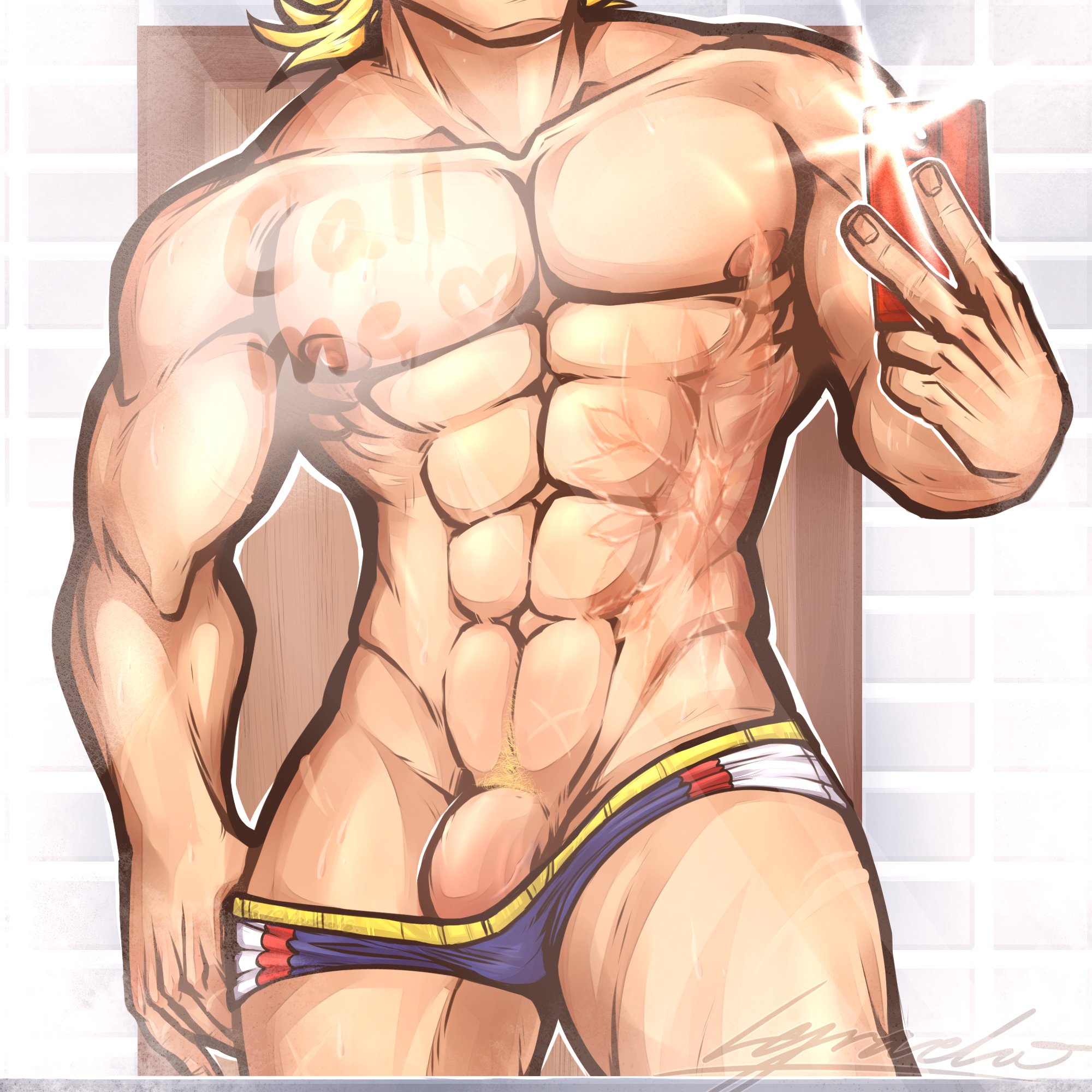 all might, boku no hero academia, erect penis, gay, male, male focus, male only, mirror selfie, muscular, muscular male, my hero academia, no face, penis, penis poking out, pulling down pants, scar on chest, selfie, toshinori yagi, underwear only