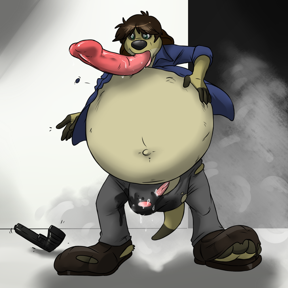 1:1 aggrobadger anthro belly big_belly blue_clothing blue_shirt blue_topwear bodily_fluids bottomwear brown_clothing brown_footwear brown_hair brown_shoes button_pop clothing doorway footwear fur genital_fluids genital_outline genitals grey_bottomwear grey_clothing grey_pants gun hair herpestid hyper hyper_belly hyper_tongue inflation male male_only mammal meerkat navel outie outie_navel pants penis precum ranged_weapon saliva shirt shoes solo steam tongue topwear torn_clothing weapon yellow_body yellow_fur