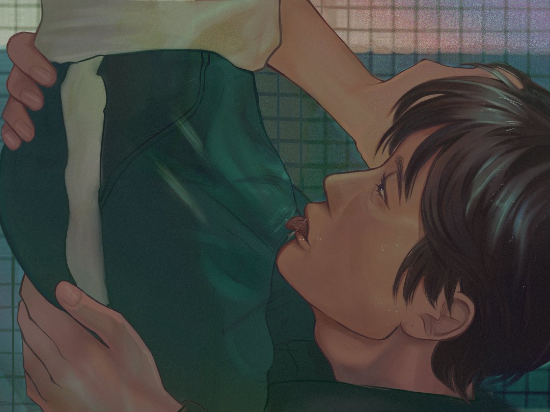 2boys, angelnero, caressing head, gay, holding ass, holding legs, hwang in-ho, kneeling, licking, licking through clothes, male, male focus, male only, on knees, seong gi-hun, squid game, yaoi