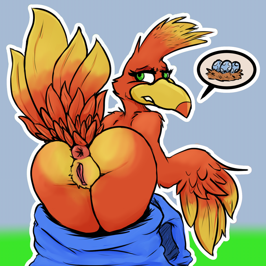 1:1 2020 anthro anus ass avian bag banjo-kazooie beak bird cashier:3 dialogue egg feathered_wings feathers female genitals green_eyes kazooie pussy raised_tail rareware rear_view red_body simple_background solo video_games wings