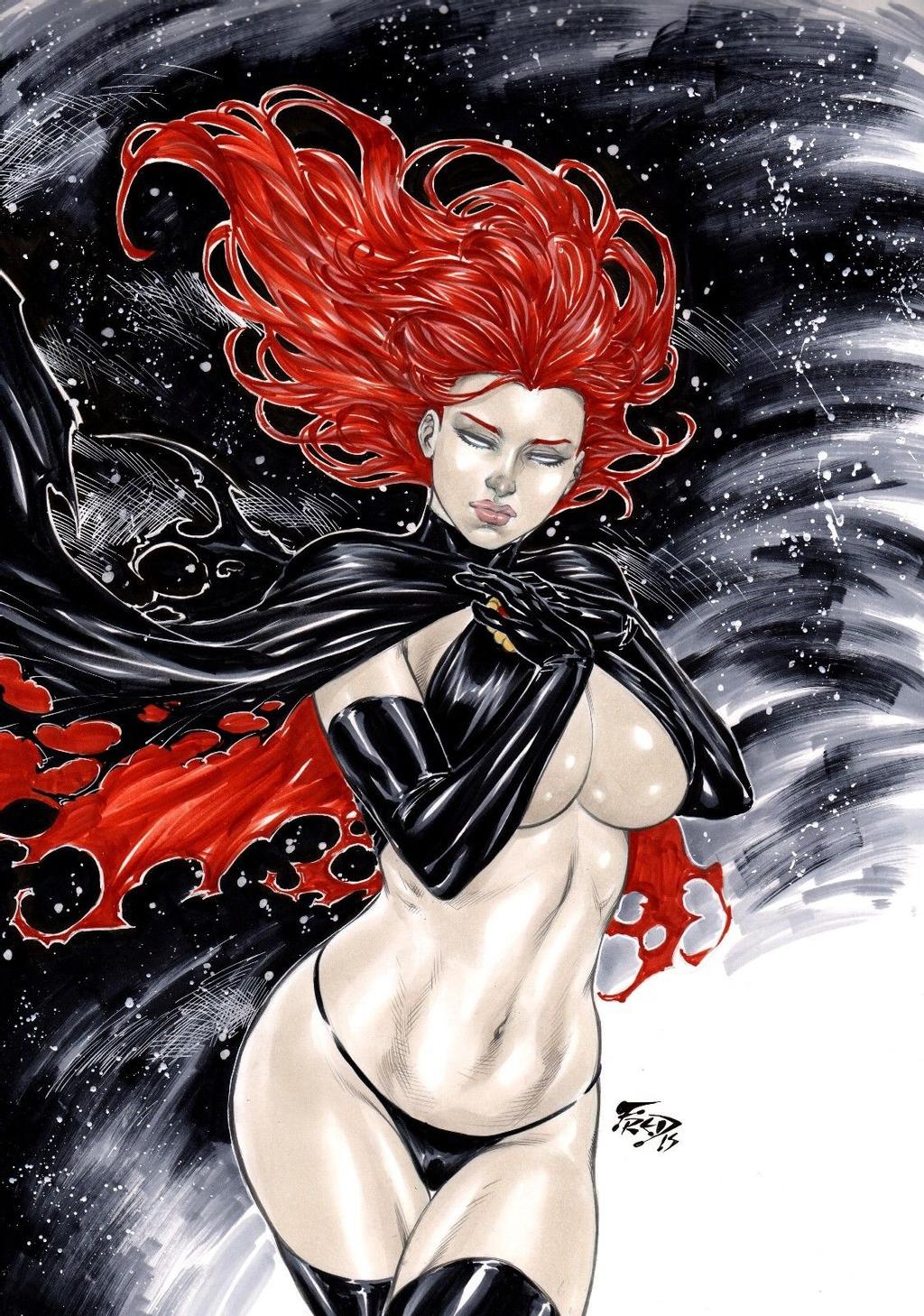 1girls 2015 belly bocas_top curvy ed_benes_studio female female_only fred_benes goblin_queen_(x-men) human human_only large_breasts light-skinned_female light_skin madelyne_pryor marvel marvel_comics navel pupilless_eyes red_hair revealing_clothes solo thick_thighs torn_cape underboob voluptuous white_eyes x-men