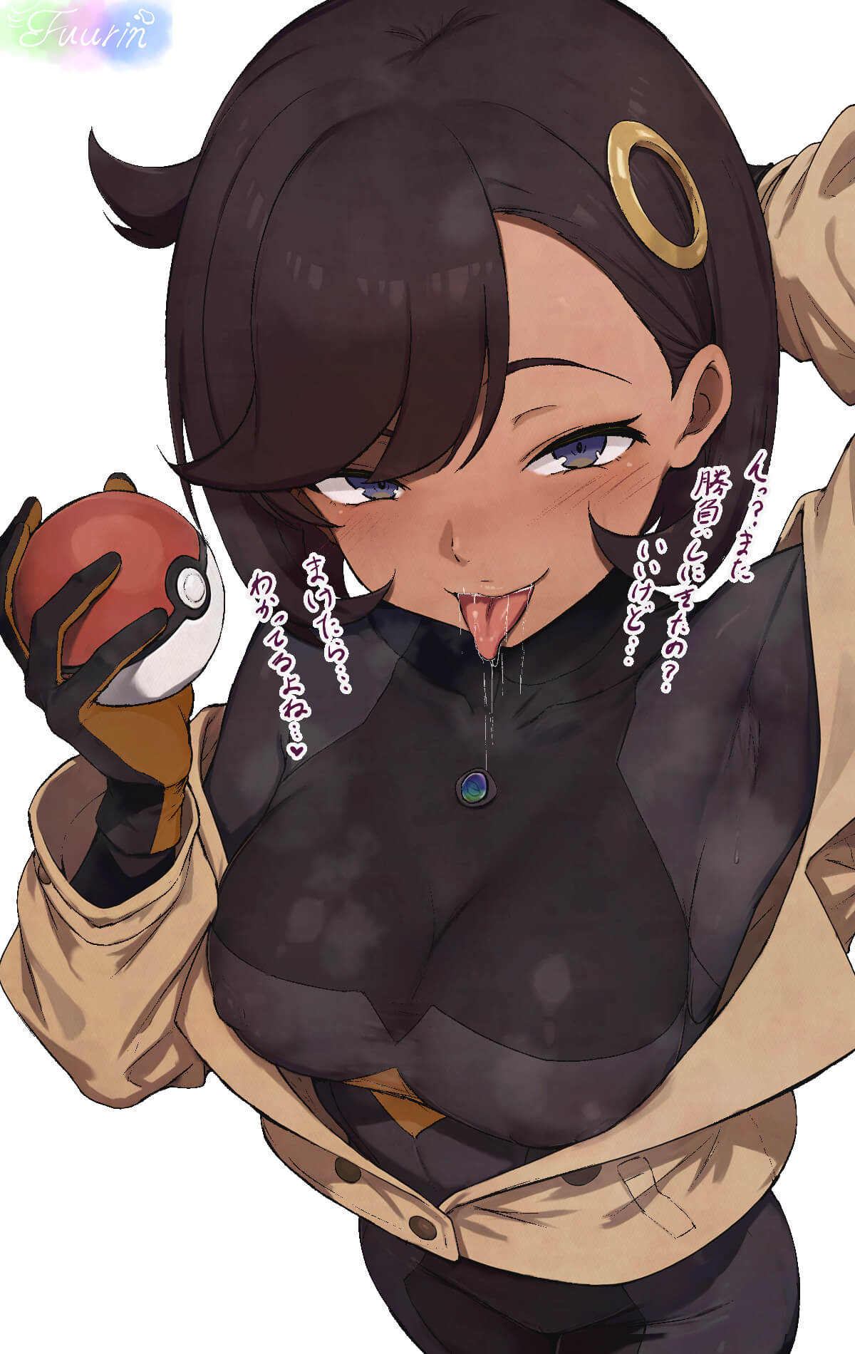 1girls, aged up, arm up, armpits, black bodysuit, black gloves, black hair, blush, bodysuit, bodysuit under clothes, breasts, brown jacket, commentary request, covered armpit, covered collarbone, cowboy shot, cowlick, dark skin, dark-skinned female, drooling, emma (pokemon legends: z-a), emma (pokemon), female, from above, game freak, gloves, hair between eyes, hair ornament, highres, holding, holding poke ball, jacket, large breasts, latex, latex bodysuit, long sleeves, looking at viewer, matiere (pokemon legends: z-a), matiere (pokemon), mega stone, naughty face, nintendo, off shoulder, open mouth, orange gloves, poke ball, poke ball (basic), pokemon, pokemon legends: z-a, purple eyes, saliva, shinonome fuurin, short hair, sidelocks, signature, simple background, smile, solo, standing, steaming body, sweat, swept bangs, tongue, tongue out, translation request, two-tone gloves, white background