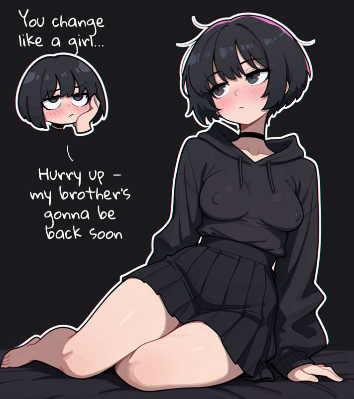 1girls, a.mikusa, black clothing, black hair, blush, bored, brat girl (a.mikusa), breasts, choker, female, hoodie, medium breasts, nipples visible through clothing, perky breasts, short hair, skirt, thick thighs, tsundere