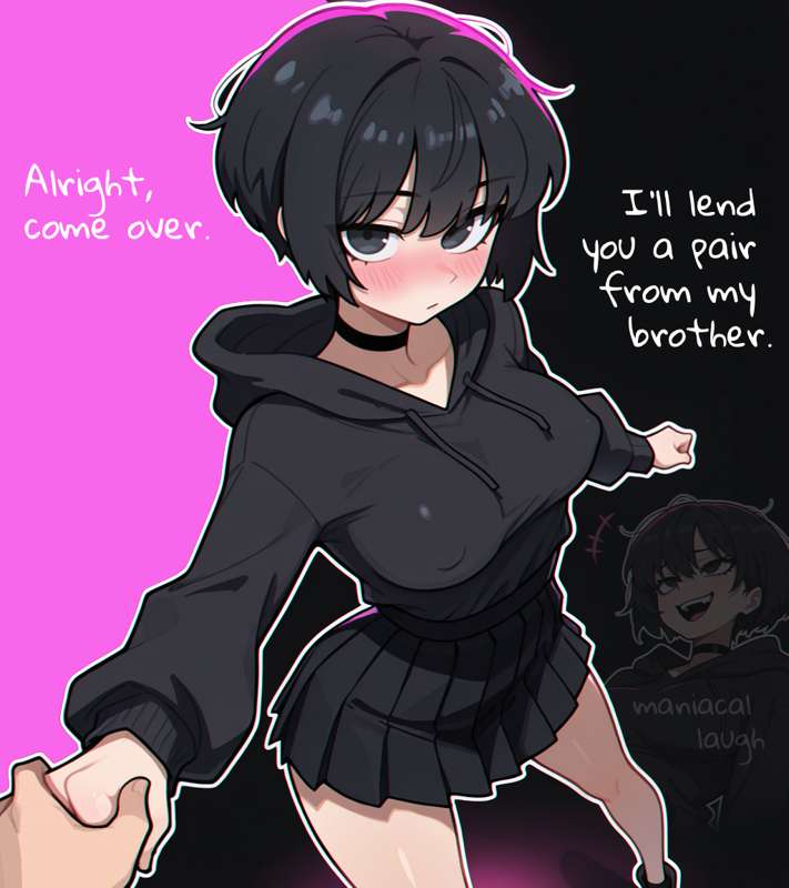 1girls, a.mikusa, black clothing, black hair, blush, brat girl (a.mikusa), breasts, choker, female, holding hands, hoodie, medium breasts, nipples visible through clothing, perky breasts, short hair, skirt, thick thighs, tsundere