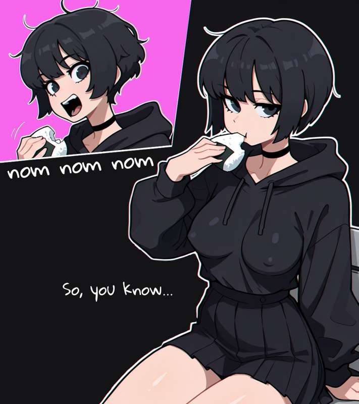 1girls, a.mikusa, black clothing, black hair, brat girl (a.mikusa), breasts, choker, eating, female, hoodie, medium breasts, nipples visible through clothing, perky breasts, short hair, skirt, thick thighs, thought bubble, tsundere