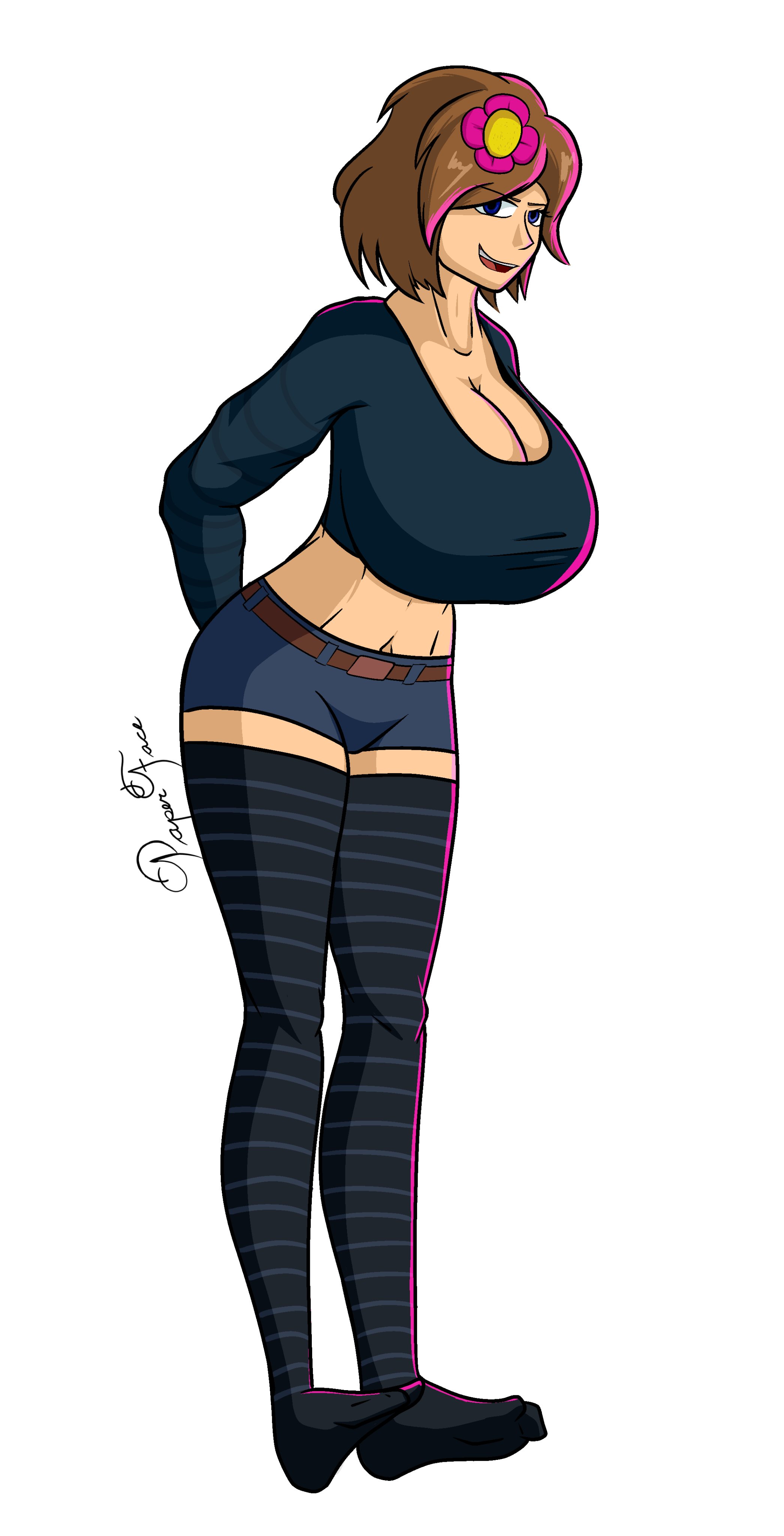 1girls, big breasts, blue eyes, breasts, brown hair, character, dressed, female, female only, horny female, jenny belle (slipperyt), minecraft, original character, smiley face, socks, solo, standing, stockings, tagme, thick thighs, thighhighs, white background