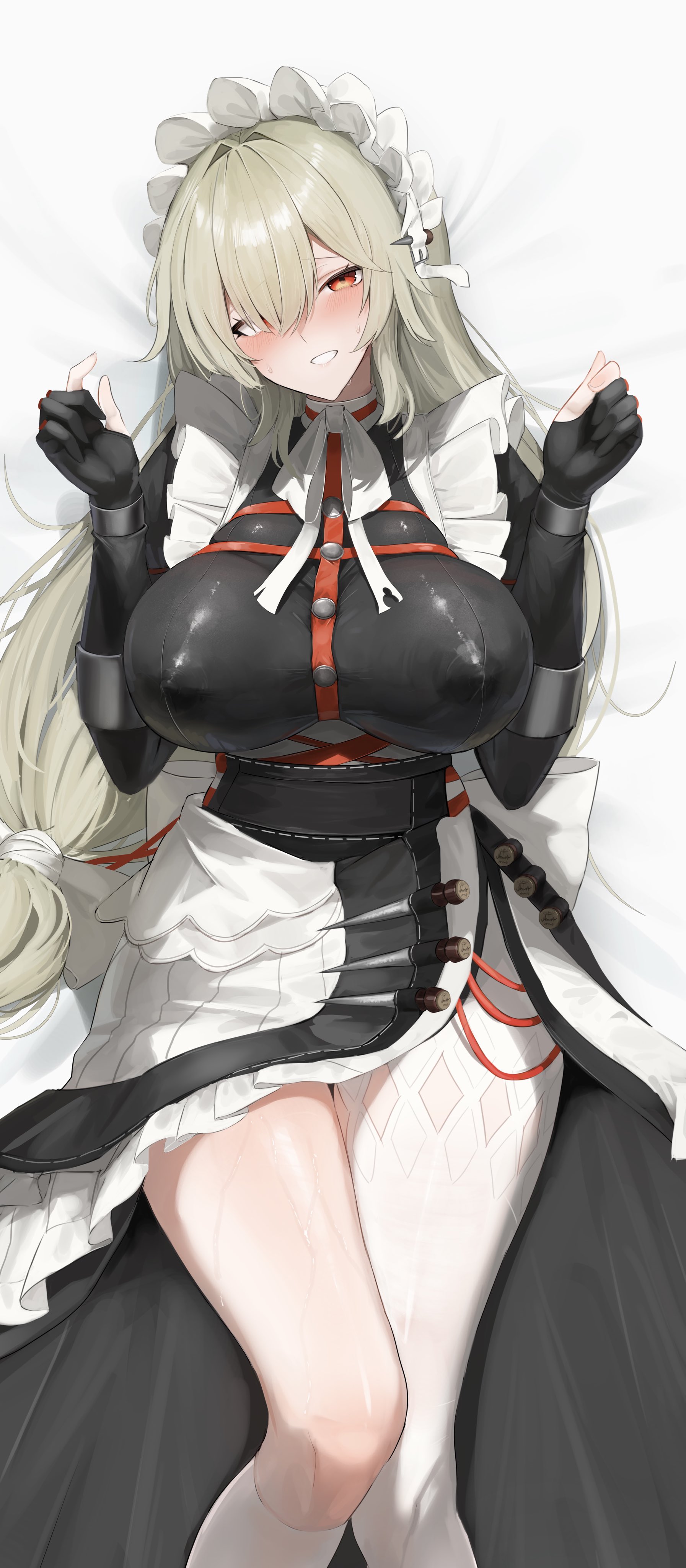 absurdres, alexandrina sebastiane, apron, black dress, black gloves, blush, breasts, commentary request, covered erect nipples, dress, elbow gloves, female, gloves, grey hair, hair between eyes, hana hebi, highres, large breasts, long hair, maid, maid apron, maid headdress, on bed, pantyhose, parted lips, partially fingerless gloves, red eyes, single leg pantyhose, single sock, smile, socks, solo, thighs, white apron, white pantyhose, white socks, zenless zone zero