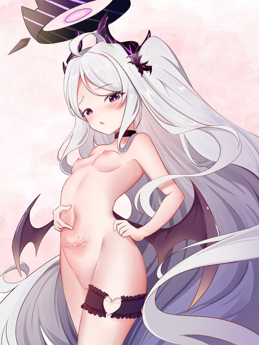 2d, 2d (artwork), 2d artwork, absurdres, ahoge, alternate costume, bad id, bad pixiv id, black choker, blue archive, blush, choker, cleft of venus, commentary request, demon girl, demon horns, demon wings, female, gu meng yin, halo, hand on own hip, hand on own stomach, highres, hina (blue archive), horns, long hair, looking at viewer, navel, nipples, nude, one side up, parted bangs, parted lips, pubic tattoo, purple eyes, pussy, sidelocks, simple background, sleeveless, so fucking hot i can't lie this guy have some talents, solo, stomach, succubus, succubus tattoo, succubus wings, swimsuit, tattoo, thigh strap, variant set, wavy hair, white hair, wings