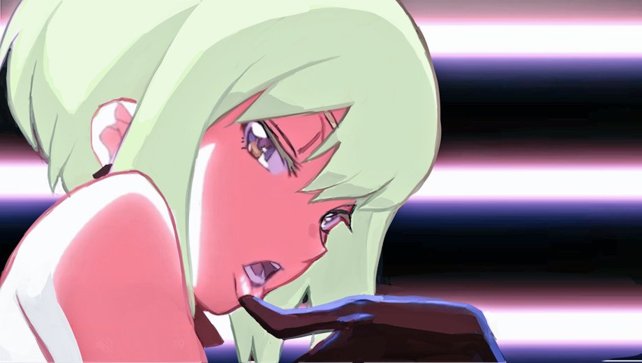 1boy, bob cut, face focus, femboy, femboy only, finger in mouth, half-closed eyes, lio fotia, male, promare, questionable, short hair, suggestive, suggestive look, twink