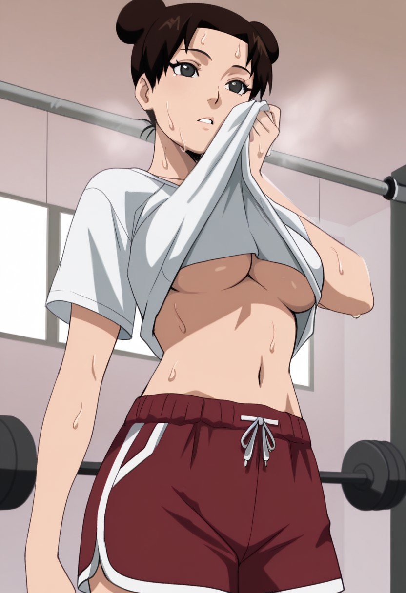 1girls, ai generated, ai-roi, breasts, breasts out, brown eyes, brown hair, exposed breasts, female, female focus, female only, fingerless gloves, gloves, gym clothes, gym clothing, gym uniform, hair buns, hi res, high resolution, highres, hips, light skin, light-skinned female, lips, naruto, naruto (classic), naruto (series), naruto shippuden, no bra, pale skin, pale-skinned female, parted lips, perky breasts, pink lips, pink lipstick, pink shorts, pinup, red gloves, shirt lift, shirt pull, shirt up, short shorts, shorts, shounen jump, shueisha, sleeveless, sleeveless shirt, small breasts, solo, solo female, solo focus, sweat, sweatdrop, sweating, sweaty, tank top, teenage female, teenager, tenten, tied hair, tomboy, toned, toned body, toned female, toned stomach, underboob, very high resolution, weekly shonen jump, weekly shounen jump, wide hips, working out, workout, workout clothes