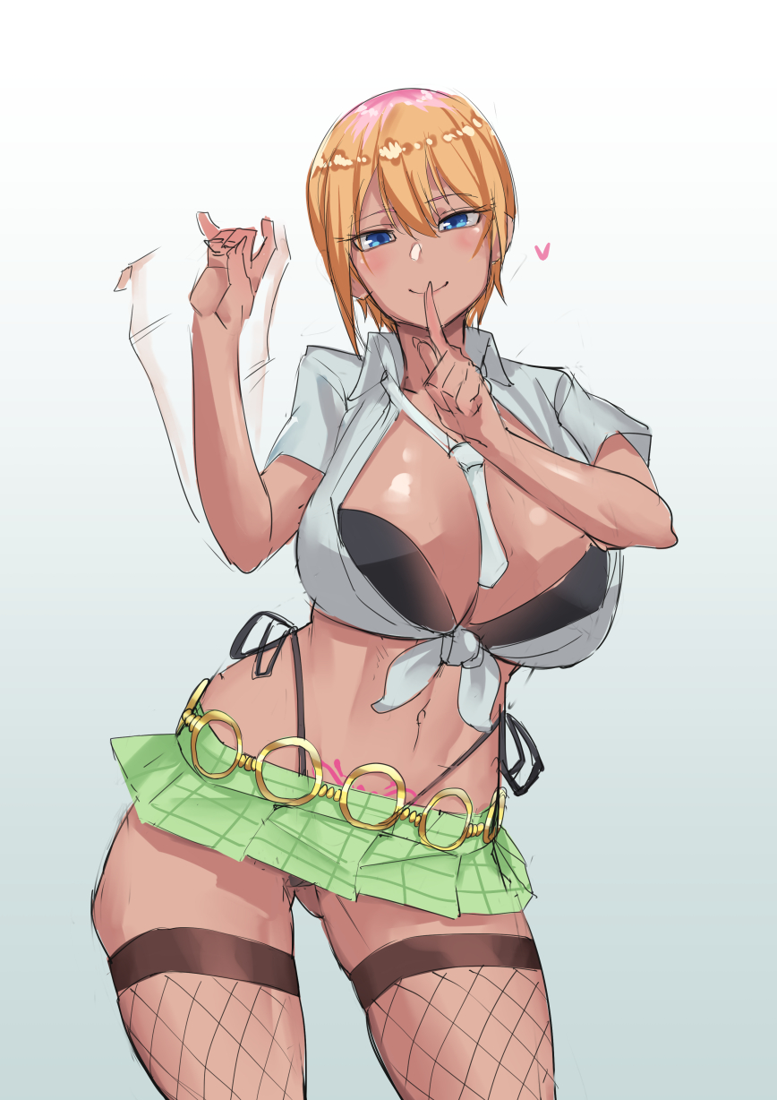 1girls, artist request, big breasts, blonde hair, blue eyes, breasts, clothed, clothed female, dark skin, dark-skinned female, female, fishnet stockings, fishnets, gyaru, handjob gesture, happy, huge breasts, inviting, inviting to sex, looking at viewer, microskirt, naughty, naughty face, revealing clothes, seductive, short hair, sign, skirt, small clothes, solo, solo female, stormcow, string panties, suggestive, suggestive gesture, tied shirt