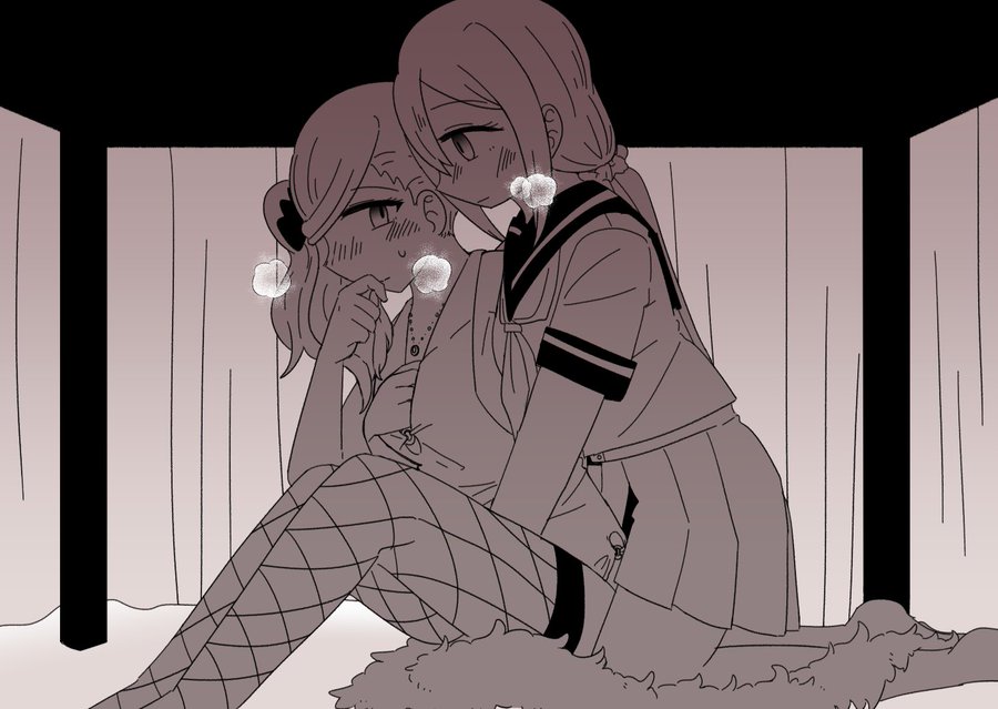 2girls, blush, blush lines, breasts, danganronpa, danganronpa another, fanganronpa, female, female focus, female only, fingering, fingers, fingers in pussy, fishnet legwear, fishnets, fully clothed, grabbing breasts, groping breasts, hairbow, holding breast, kabuya yoruko, lesbian couple, lesbian sex, looking at partner, necklace, nipple play, nipples, only female, ponytail, pussy, sailor uniform, scrunchie, sora (super danganronpa another 2), super danganronpa another 2, under the table, yuri