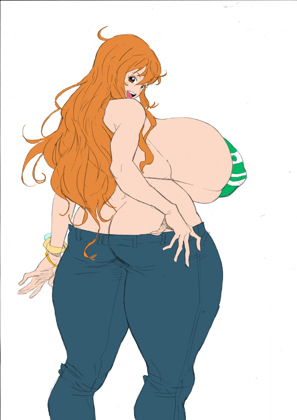 1girls, alternate ass size, alternate body type, alternate breast size, ass, ass cleavage, ass crack, big ass, big butt, bikini, bikini top, bonten, breasts, breasts bigger than head, bubble ass, bubble butt, butt crack, color edit, colored, curvaceous, curvy, curvy female, curvy figure, fat ass, female, female only, huge breasts, hyper, hyper breasts, jeans, large ass, long hair, looking at viewer, looking back, massive ass, miraa05, nami (one piece), nipples, one piece, orange hair, striped bikini, thick ass, thick legs, thick thighs, thighs, voluptuous