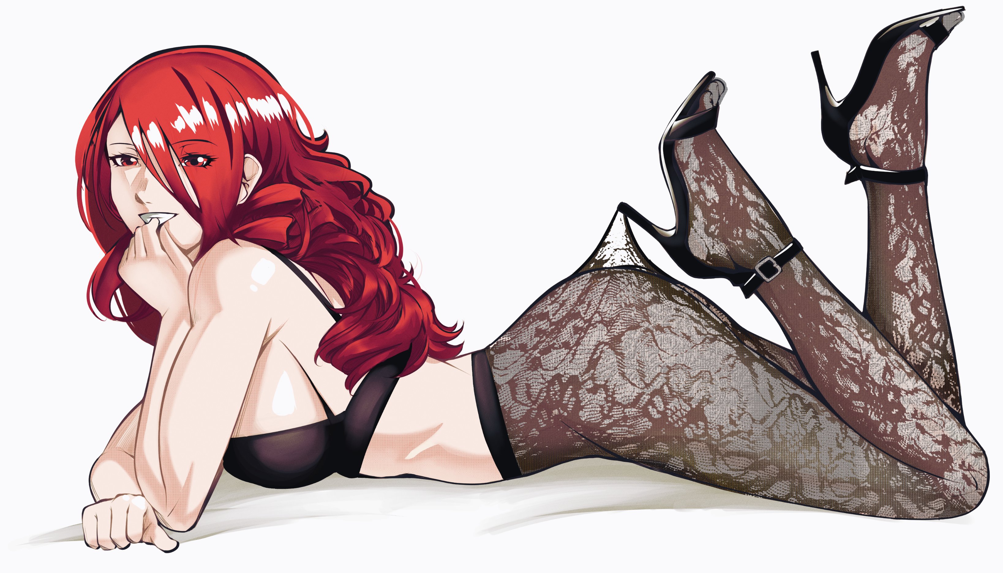 1girls, ass, big ass, big breasts, breasts, chiaroscuro4eva, female, female only, heels, high heels, lace pantyhose hooked on heel (meme), large breasts, long, megami tensei, meme, mitsuru kirijo, pantyhose, persona, persona 3, red eyes, red hair, smile, thelivingdisappointment