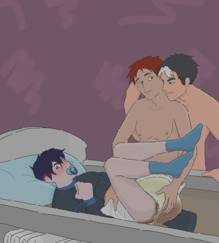 3boys, anal, background sex, black hair, bondage, brothers, changing table, cuck, cuckold, dc, dc comics, diaper, diaper scat, dick grayson, embarrassed, gay, human, human only, humiliation, jason todd, male, male only, messy diaper, multiple boys, naked, nightwing, onesie, pacifier, peeing, red hair, red hood (dc), scat, wally west, wet diaper
