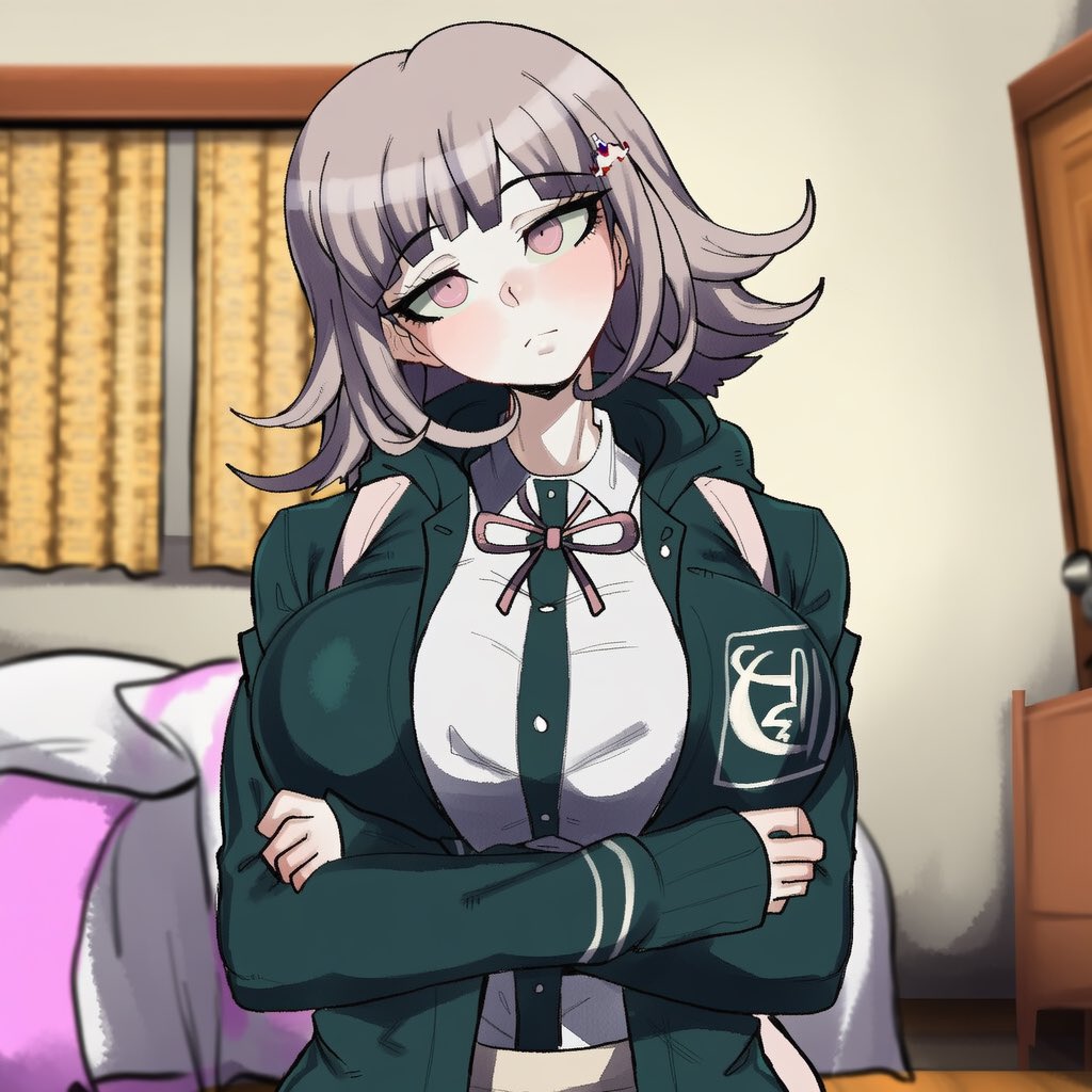 1girls, ai art, ai generated, before transformation, big breasts, breasts, clothed, clothed female, danganronpa, danganronpa 2: goodbye despair, danganronpa 2x2, female, hair ornament, nanami chiaki, pink eyes, pink hair, scarletstained, short hair, tagme, transformation