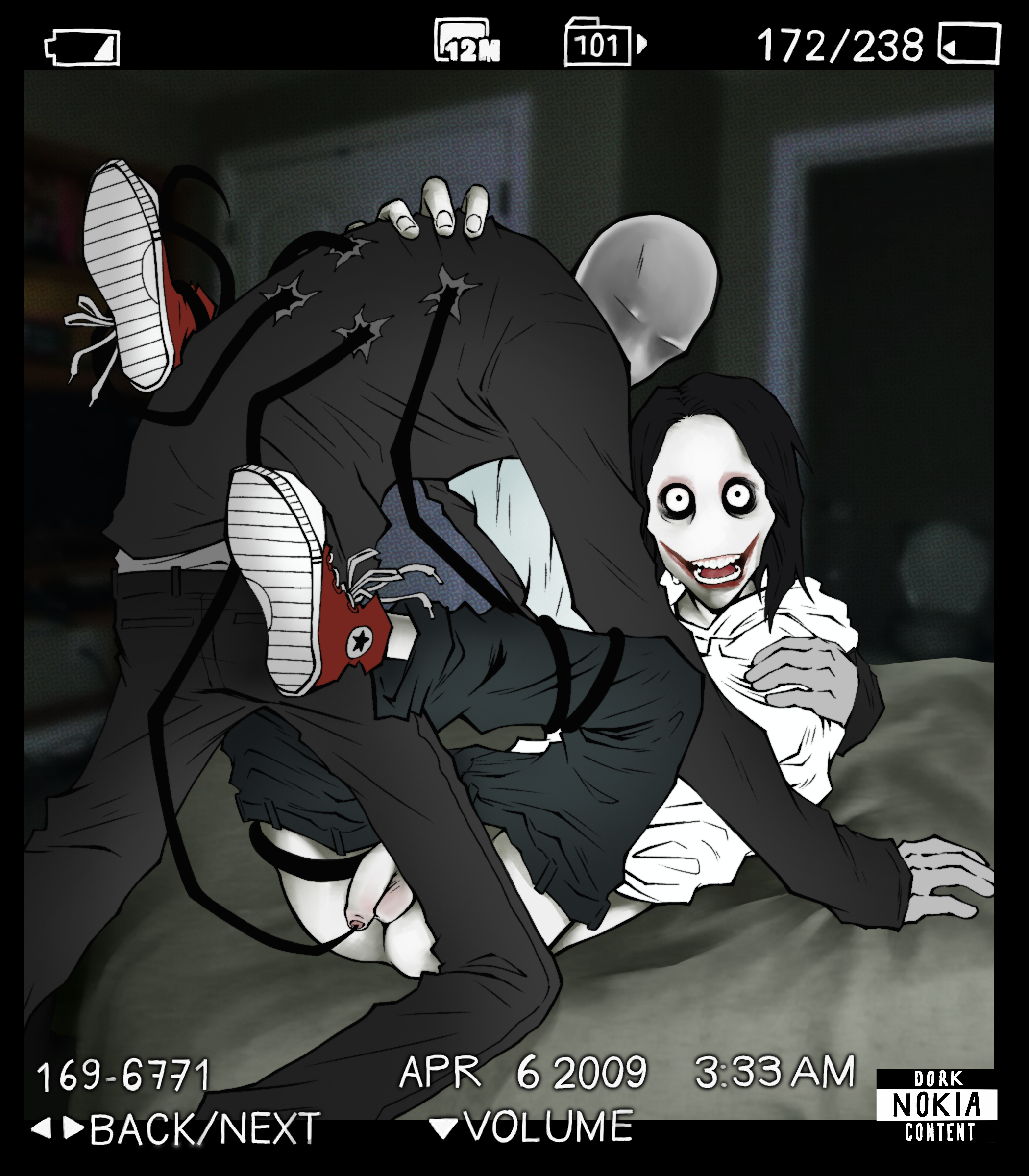 2boys, camera, camera flash, caught, caught in the act, creepy, creepy smile, creepypasta, dork nokia, gay, height difference, jeff the killer, male, on top, slenderman, tentacle, white skin