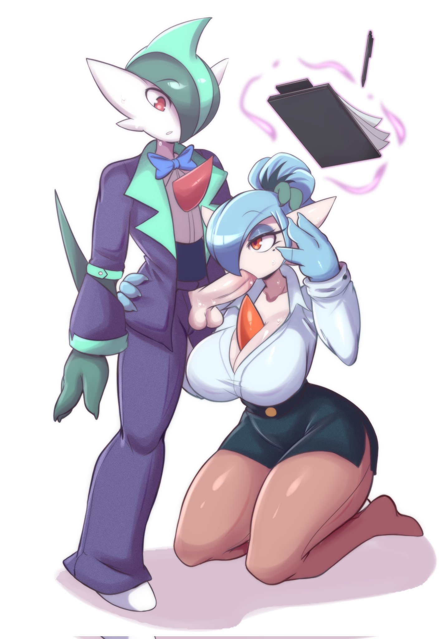 anthro, anthro male, anthro only, big breasts, big penis, blowjob, breasts, cleavage, clothed, clothed female, clothed male, clothing, fellatio, female, female anthro, female pokemon, furry, furry female, furry male, furry only, gallade, gardevoir, huge breasts, huge cock, kneeling, kneeling oral position, lucyfercomic, male, male pokemon, oral, oral sex, penis, pokemon, pokemon (species), straight, tagme, thick thighs, wide hips