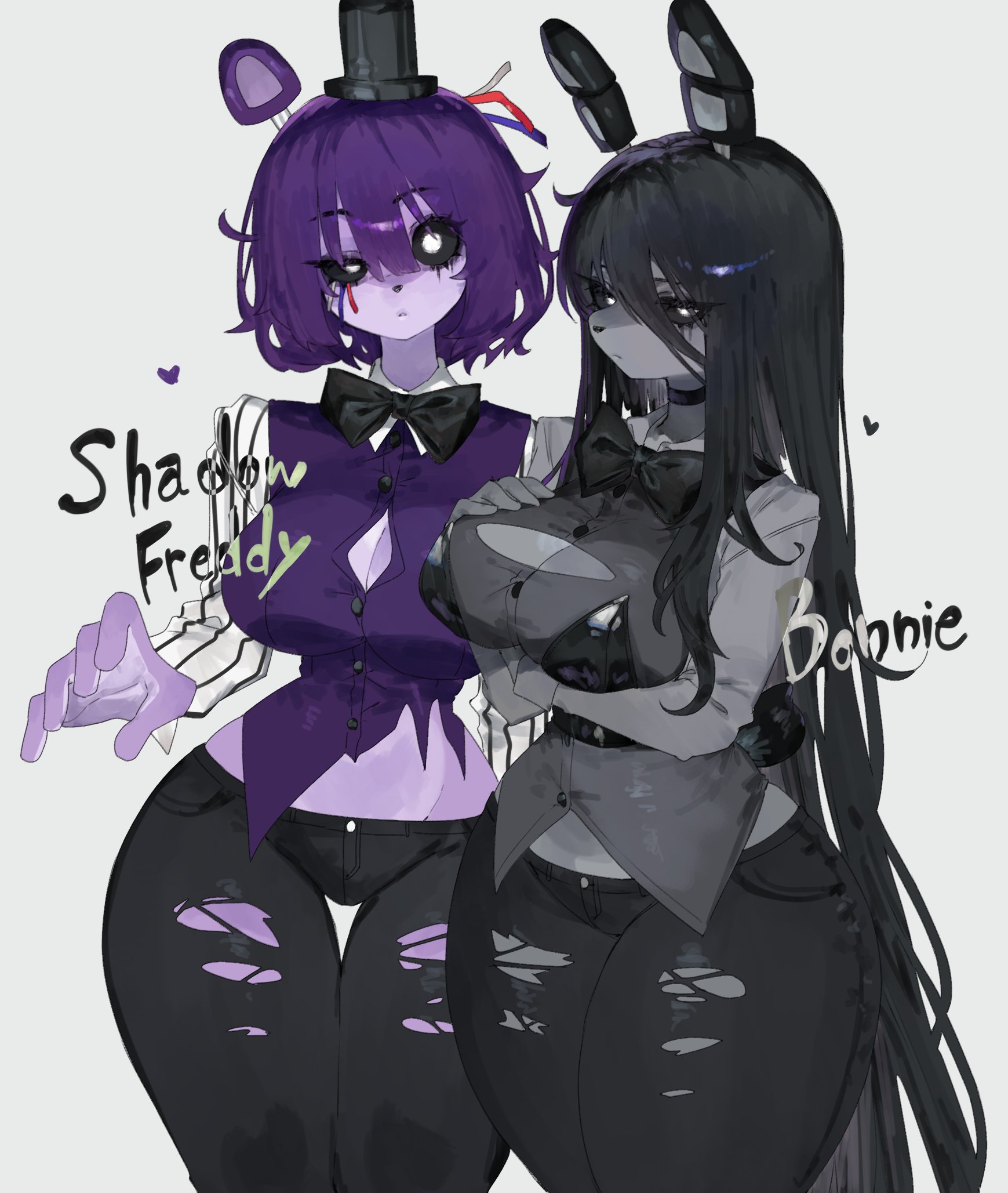 2girls, anthro, big breasts, black body, black hair, black sclera, breasts, crossed arms, english text, female, female only, five nights at freddy's, five nights at freddy's 2, hi res, long hair, looking at viewer, narrowed eyes, one eye half-closed, purple body, purple hair, shadow bonnie, shadow freddy (fnaf), text, thick thighs, toge77789, togetoge, top hat, white background, white eyes, wide hips