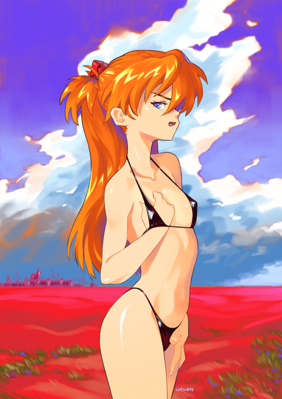 1girls, asuka langley sohryu, bikini, black bikini, female, female only, light skin, light-skinned female, long hair, neon genesis evangelion, orange hair, solo, urumi (urumi00)