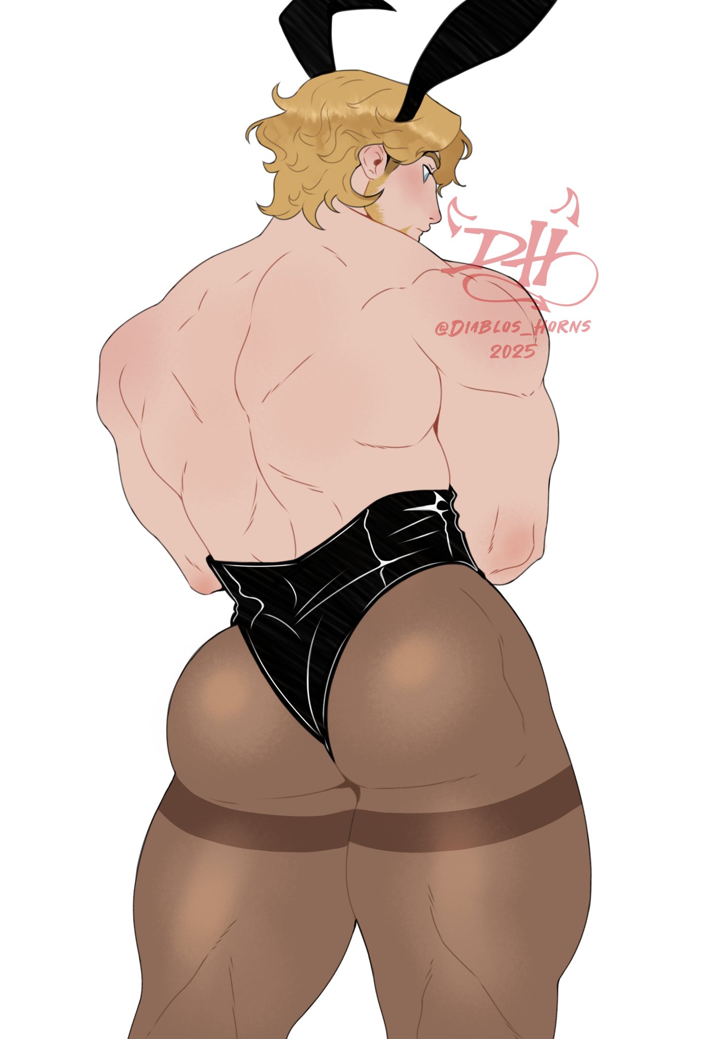 1boy, artist name, ass, back, bara, blonde hair, bunny ears, crossdressing, curly (mouthwashing), diablos horns, facial hair, femboy, femboy dilf, male, male focus, male only, mouthwashing, muscular, muscular arms, muscular male, muscular thighs, simple background, solo, solo male, text, yaoi