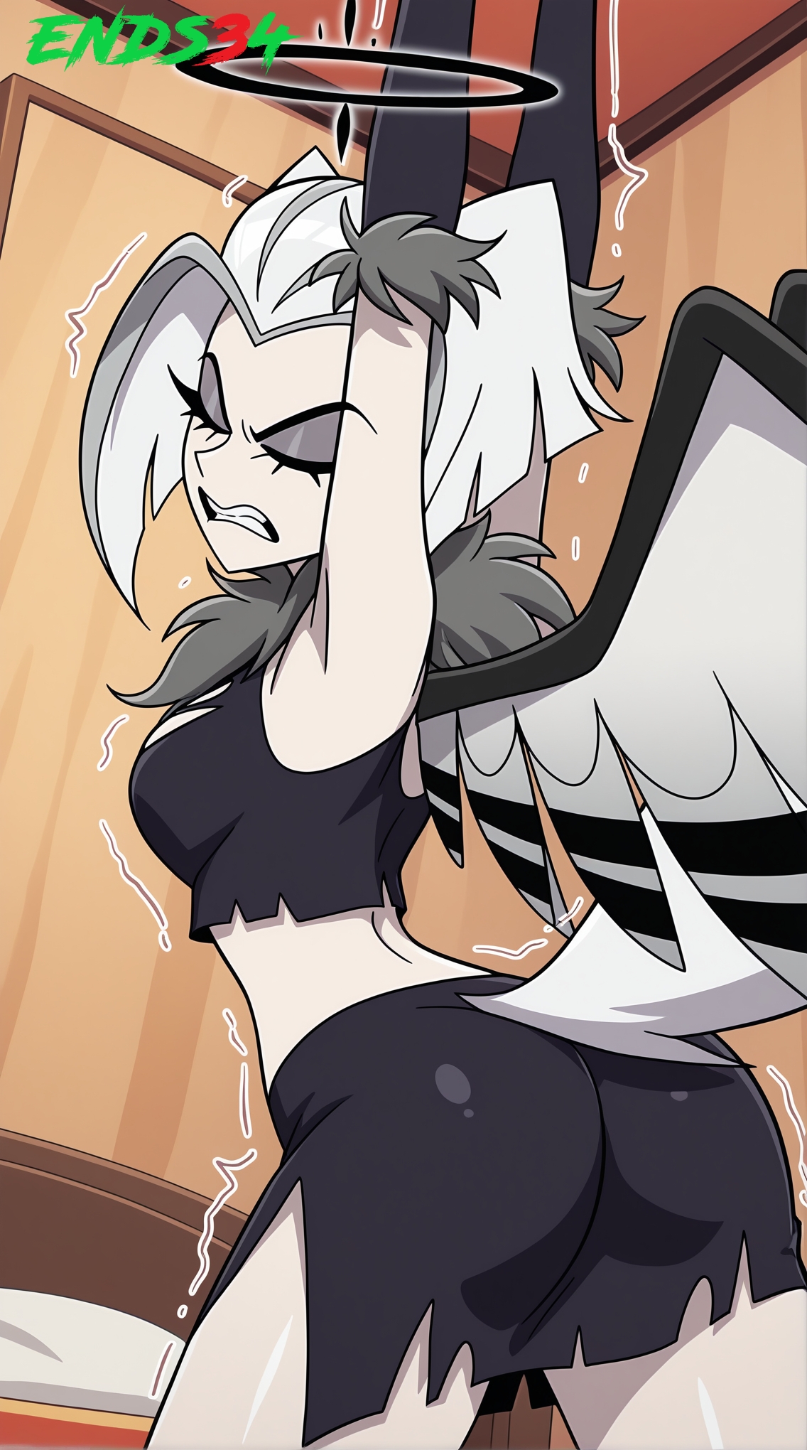 ai generated, armpits, arms above head, arms up, ass, ass focus, ends34, female, female only, from behind, halloween, halloween costume, hazbin hotel, lute (hazbin hotel), miniskirt, short hair, white hair