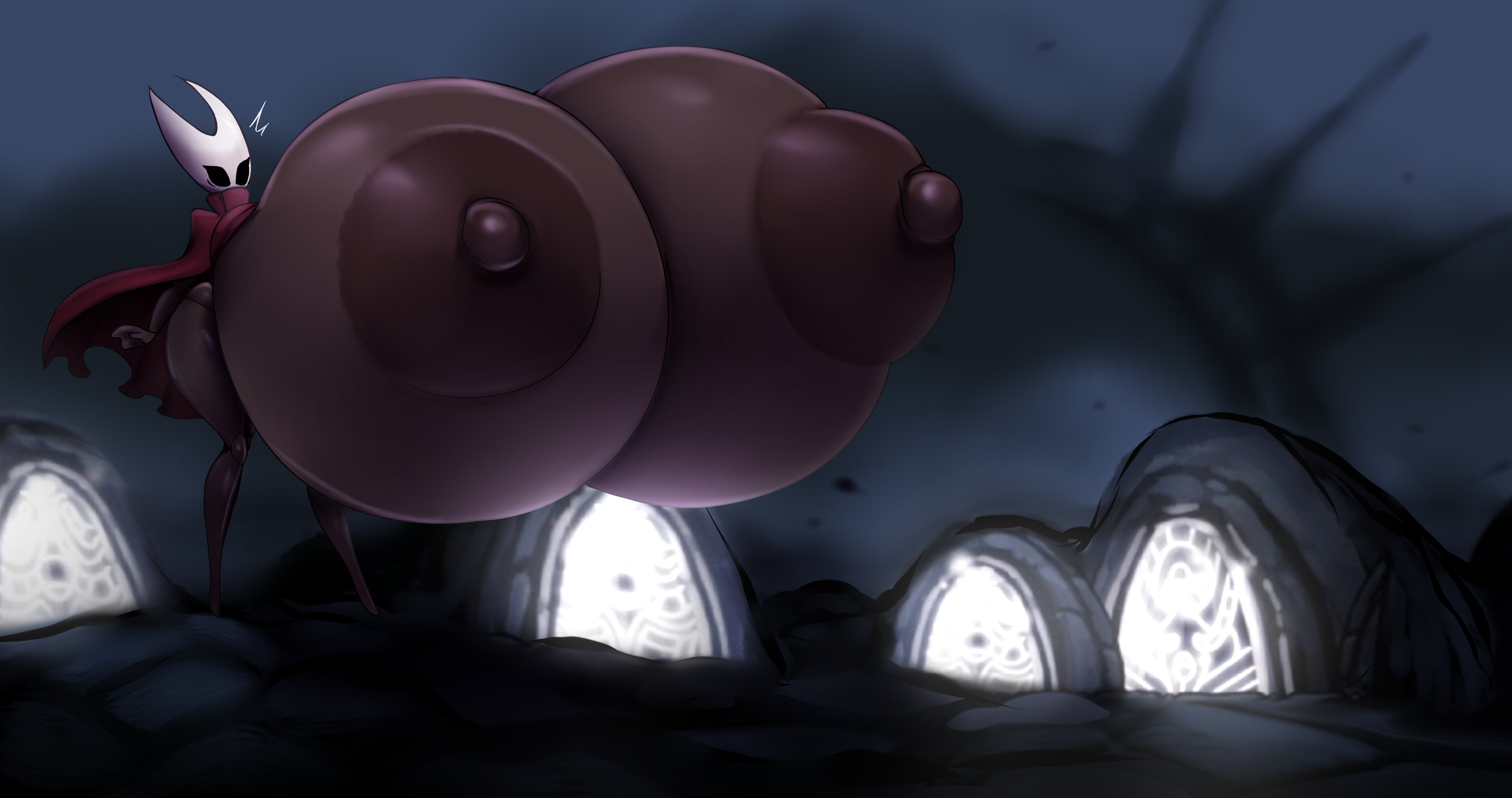 1girls, big breasts, breast expansion, breasts, breasts bigger than head, expansion, female, hollow knight, hollow knight (franchise), hollow knight: silksong, hornet (hollow knight), hyper breasts, metachoke, shocked expression, shocked female, silksong, thick thighs, wardrobe malfunction