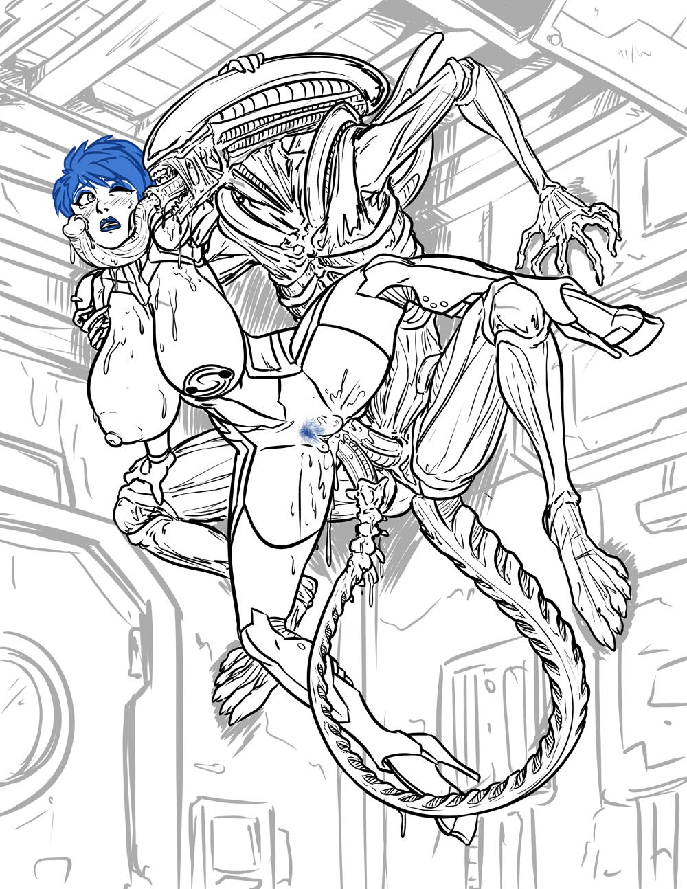1boy, 1girls, 2d, alien, alien (franchise), alien male, alien/human, anal, anal sex, ass, blue eyeshadow, blue hair, blue lipstick, blue pubic hair, breasts, carrying, carrying partner, chocboa (artist), cum, cum in ass, cum in pussy, cum inside, double penetration, dubious consent, eyeshadow, ez mccain, female, female pubic hair, from behind, high heels, high heels boots, huge breasts, human, human female, inner mouth, interspecies, lipstick, male, male xenomorph, monster, monster on female, nipples, original character, pasties, penetration, penis, penis tongue, pubic hair, pussy, questionable consent, sci-fi, science fiction, sexspace, short hair, spread legs, trojan whore, vaginal penetration, wide hips, xenomorph, xenomorph tail