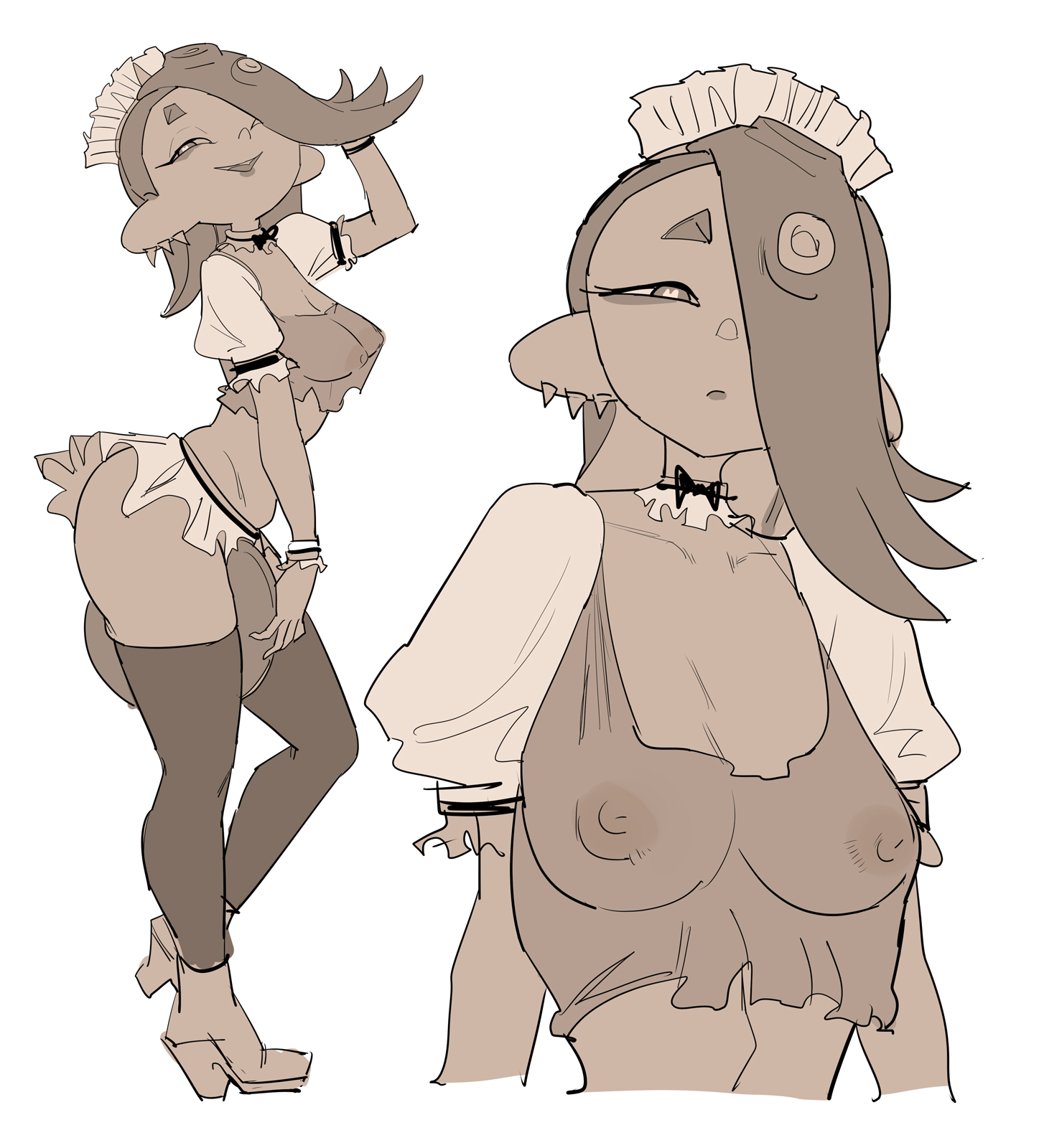 areolae, breasts, maid, maid headdress, maid outfit, maid uniform, nipples, octoling, octoling girl, shiver (splatoon), simple background, splatoon, splatoon 3, yuta agc